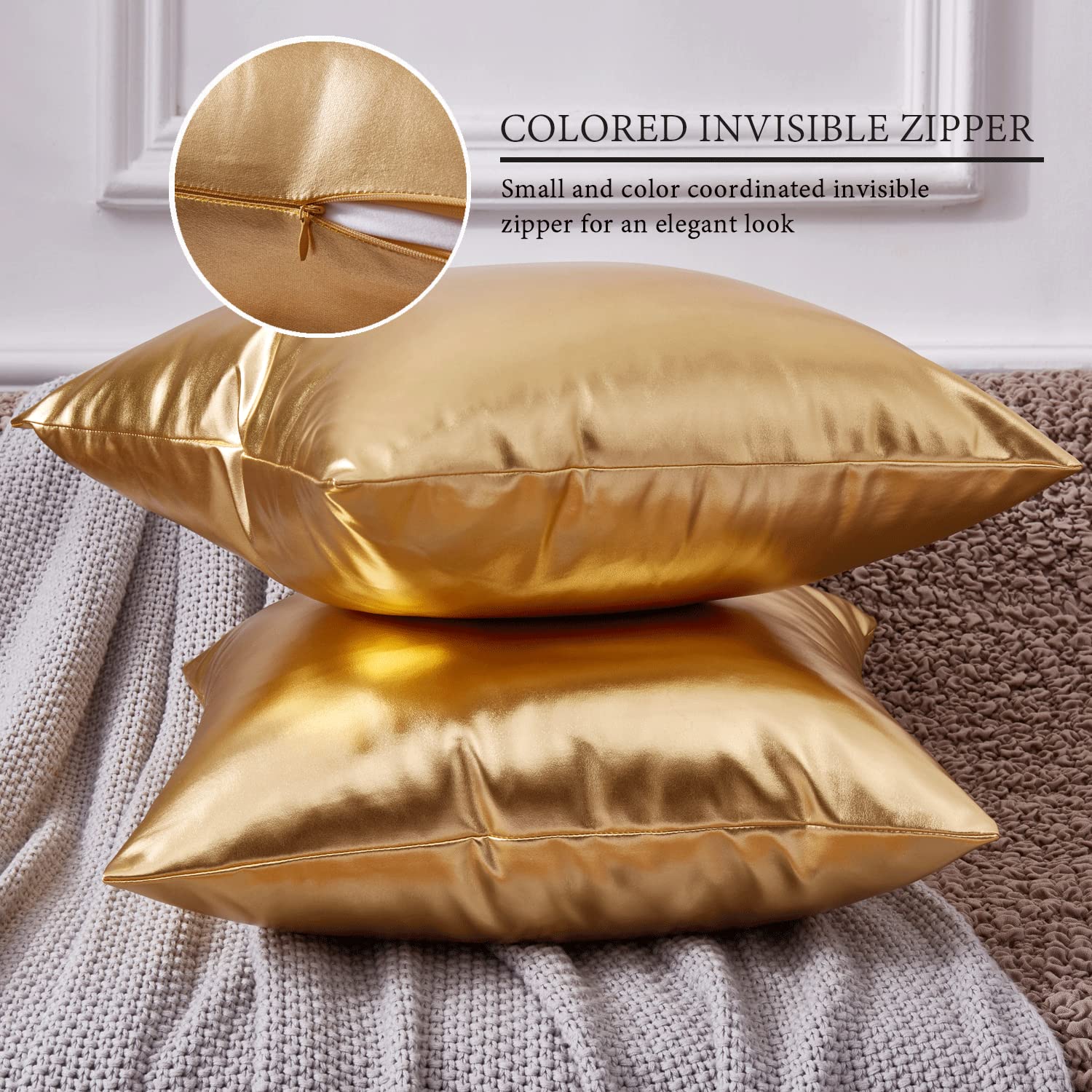 EUCIOR 24x24 Gold Decorative Pillow Covers - Modern Metallic Shiny Throw Pillows for Bed, Couch & Sofa - Luxury Home Decor for Living Room, Bedroom & Office