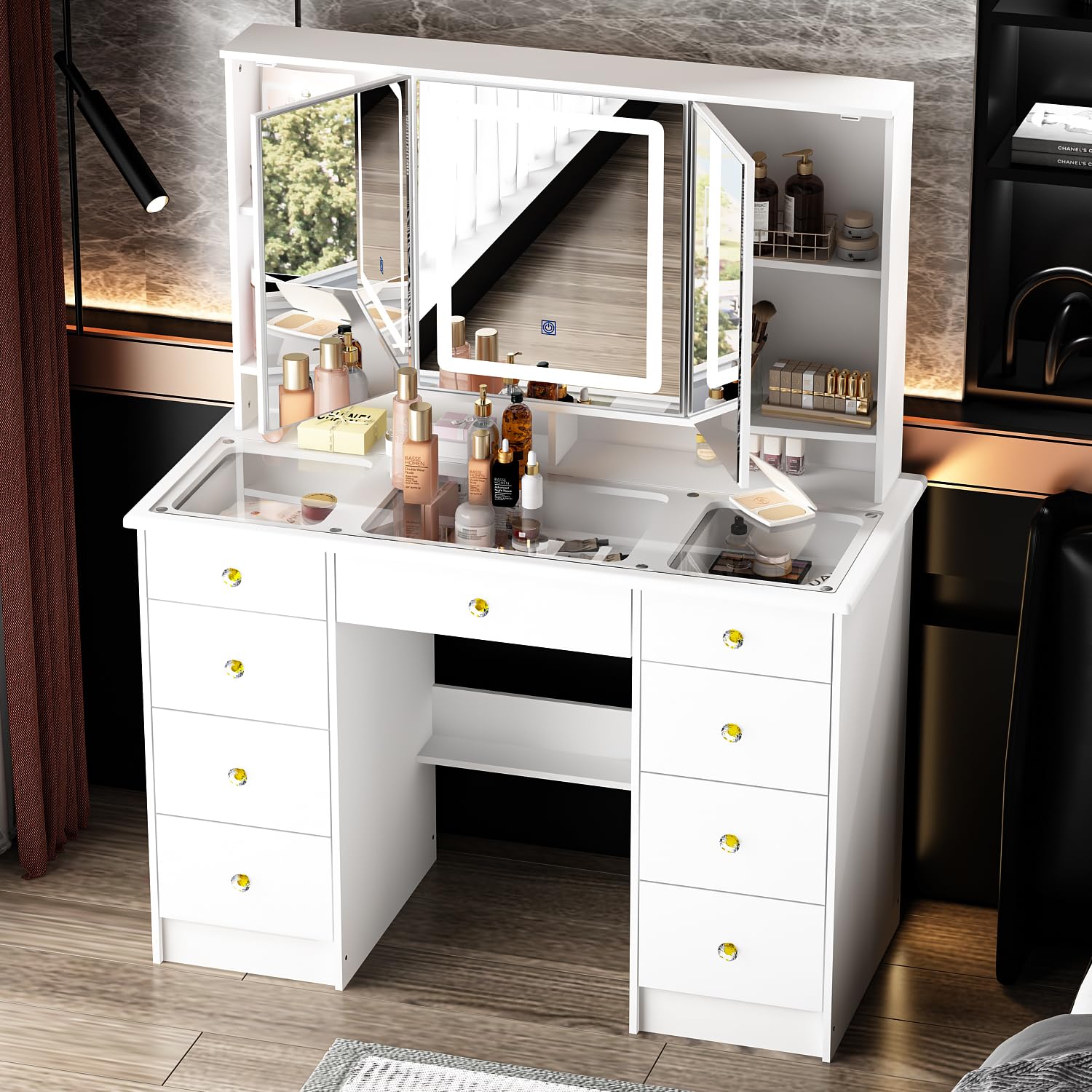 Homsee Modern Vanity Desk with 3 Mirrors & LED Lights - Adjustable Brightness, Glass Top, Hidden Storage & Drawers - White Makeup Dressing Table for Bedroom, Salon, or Beauty Studio