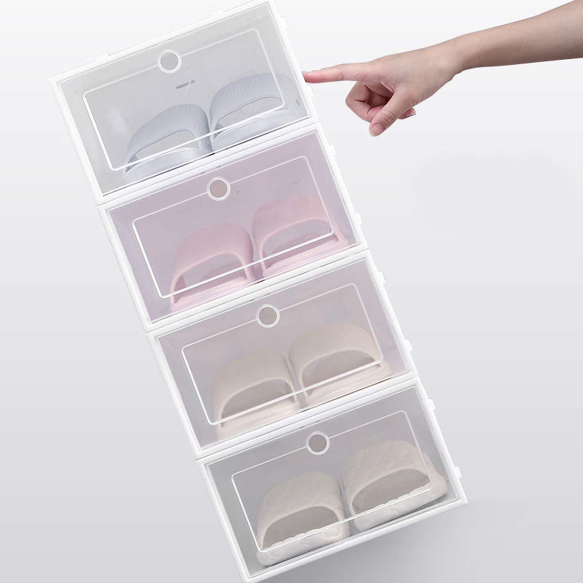 Cabilock 6-Pack Clear Plastic Shoe Storage Boxes - Foldable Stackable Shoe Organizer with Thickened Design, Large Size (White) - Perfect for Closet, Bedroom & Entryway Organization