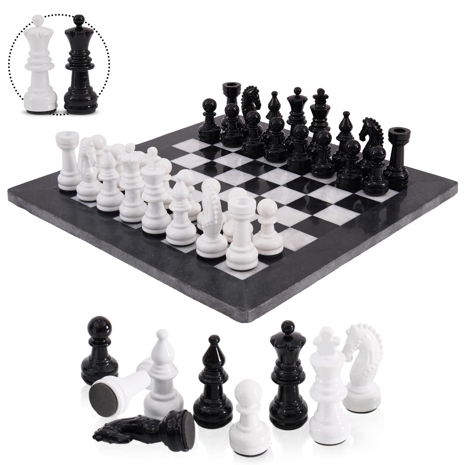 Premium 15-Inch Black & White Chess Set with Marble Board, 32 Metallic Chess Pieces & 2 Extra Queens - Classic 2-Player Strategy Board Game for Adults | Perfect for Home Decor, Office, Gifts & Family Game Nights