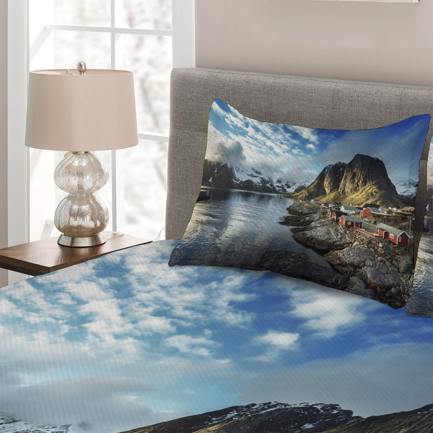 Ambesonne King Size 3-Piece Quilted Bedspread Set - Nordic Fishing Hut Autumn Scenery with Rocks & Clouds, Blue Grey White, Includes 2 Pillow Shams | Cozy Bedroom Decor for Winter, Cabin Retreat & Scandinavian Style Homes
