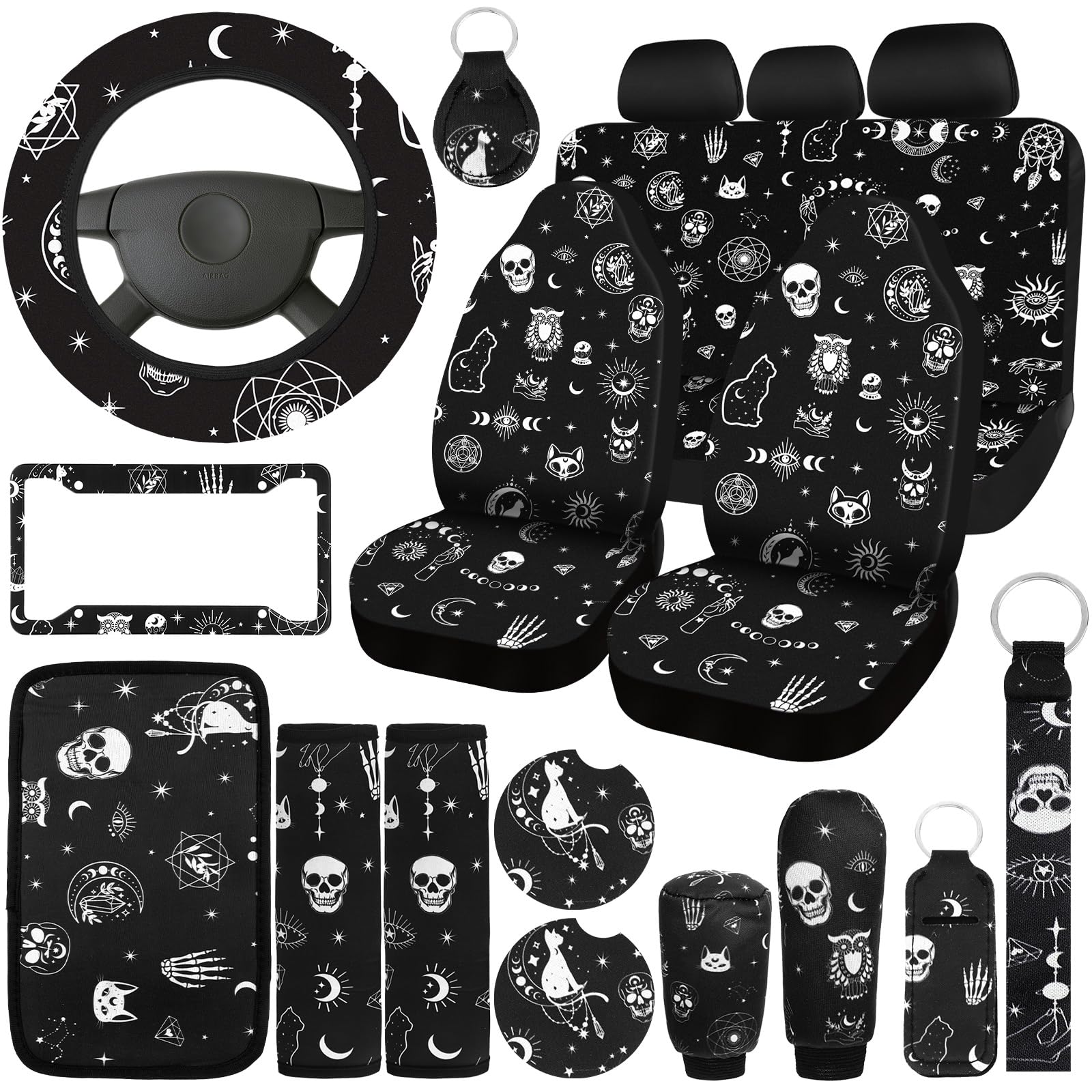 Estune 19-Piece Gothic Skull Cat Moon Car Seat Covers Set - Steering Wheel Cover, Headrest, Armrest, Belt & Cup Holder Accessories for SUV - Perfect for Halloween & Gothic Car Decor