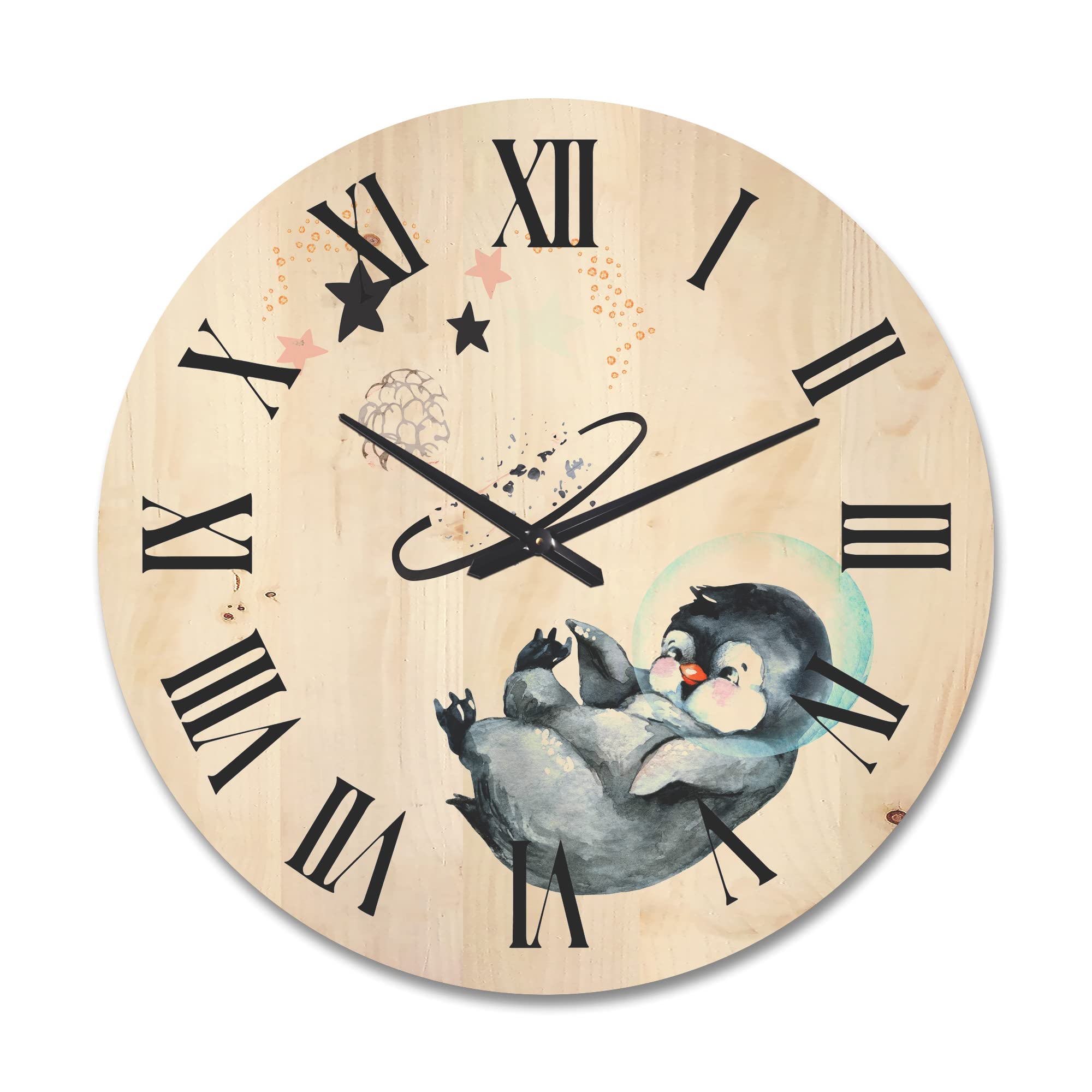 DesignQ 'Little Penguin with Planets and Stars' Large Farmhouse Wood Wall Clock - Oversized Decorative Animal Wall Clock for Living Room, Bedroom & Office Décor - Perfect for Home, Nursery & Gift Giving