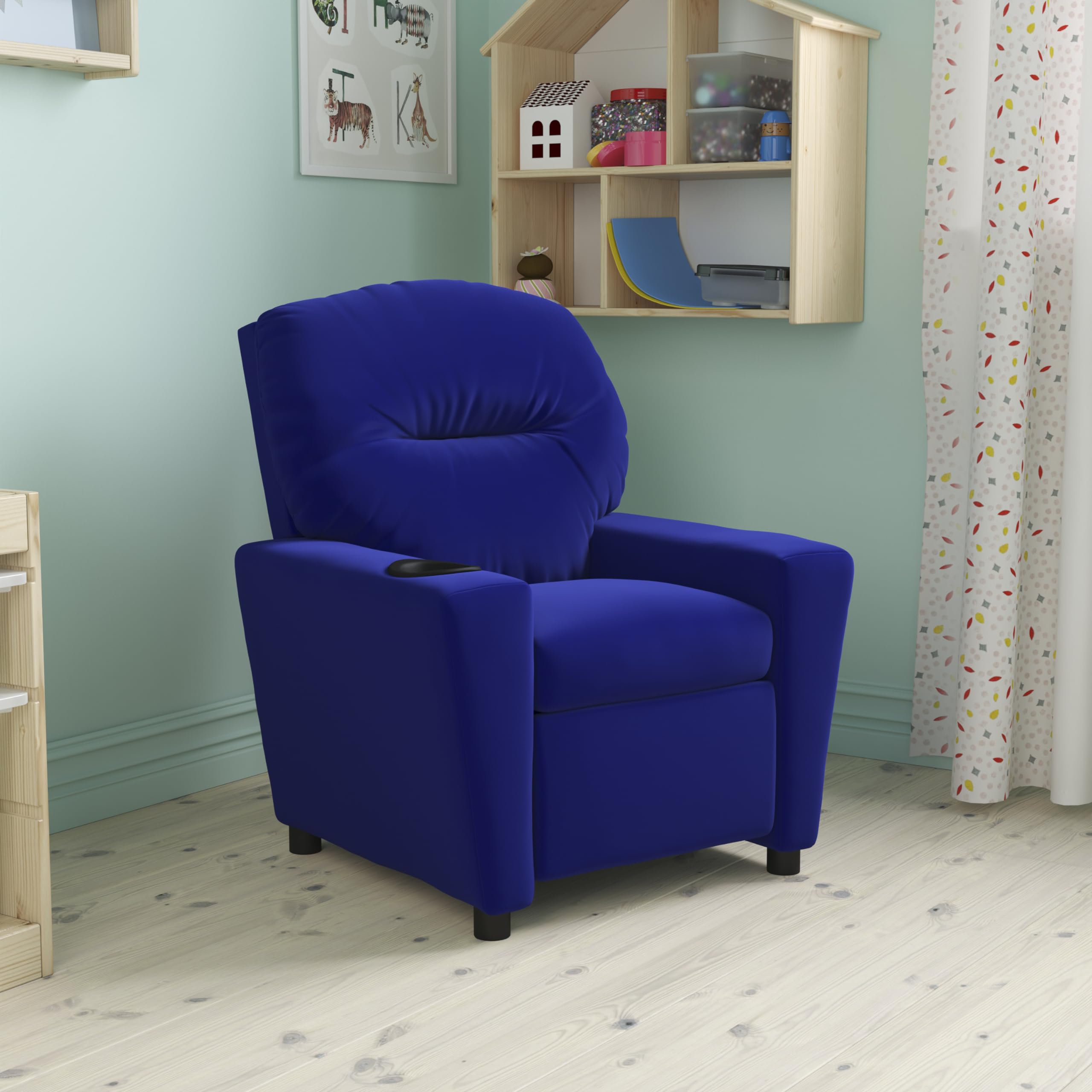 BizChair Blue Microfiber Kids Recliner with Cup Holder - Comfortable Children's Armchair for Bedroom, Playroom & TV Watching - Perfect Gift for Boys and Girls