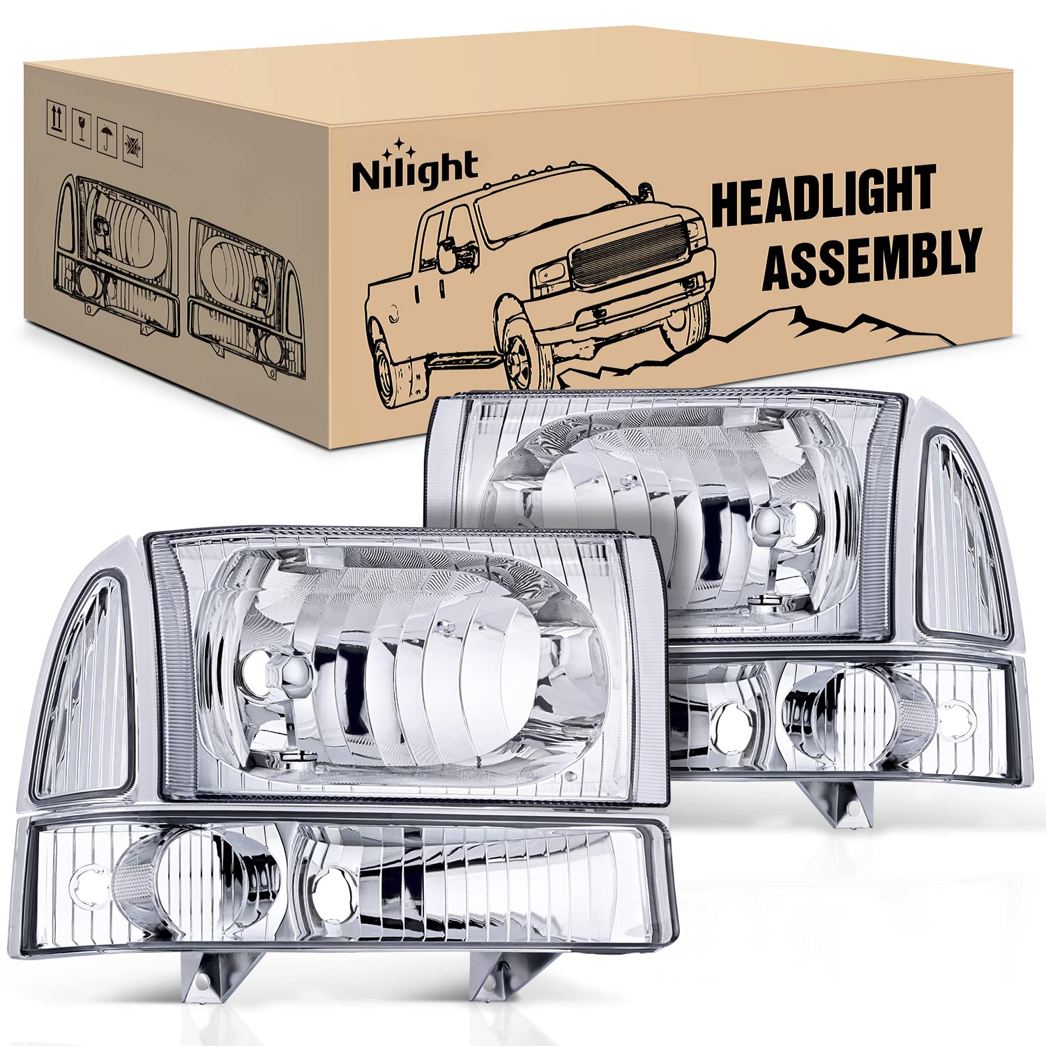 Nilight Headlight Assembly for 1999-2004 Ford F250 F350 F450 F550 Super Duty - Chrome Housing with Clear Corner & Lens - 4 Pack Replacement Headlights - Perfect for Off-Roading, Night Driving & Truck Upgrades