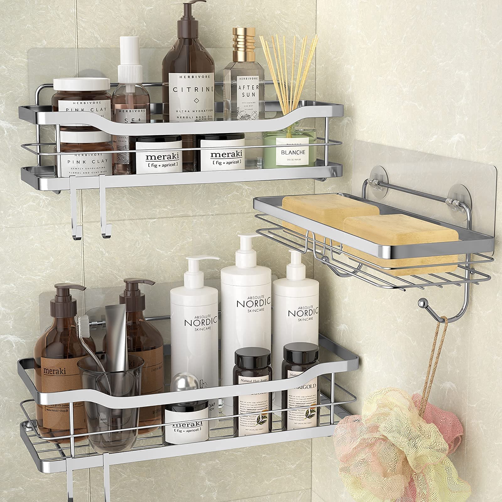 Stusgo Adhesive Shower Caddy Wall Mount - No Drill Bathroom Storage Shelf with 4 Hooks & Double Soap Dish Holder, SUS304 Stainless Steel (3 Pack) - Perfect for Small Bathrooms, Apartments & Dorm Showers