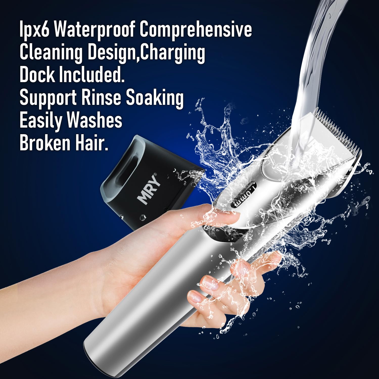 Professional Cordless Hair Clippers for Men & Women - MRY Barber Clippers with Stainless Steel Blades, Waterproof Design & LCD Display, USB Rechargeable Trimmer for Home Haircuts (Silver) - Perfect for DIY Haircuts, Beard Trimming & Grooming at Home or Salon Use
