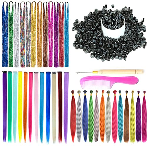 SHUOHAN 12-Piece Synthetic Feather Hair Extensions Set with 12 Tinsel & 12 Rainbow Clip Extensions - Complete Hair Extension Kit Includes 100 Silicone Beads & Crochet Hook - Perfect for Parties, Cosplay & Festival Hairstyles
