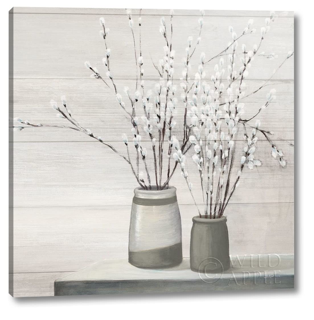 Julia Purinton Pussy Willow Still Life Gray Pots Shiplap - 30x30 Inch Canvas Art Print Gallery Wrapped - Ready to Hang Wall Decor for Living Room, Bedroom & Office