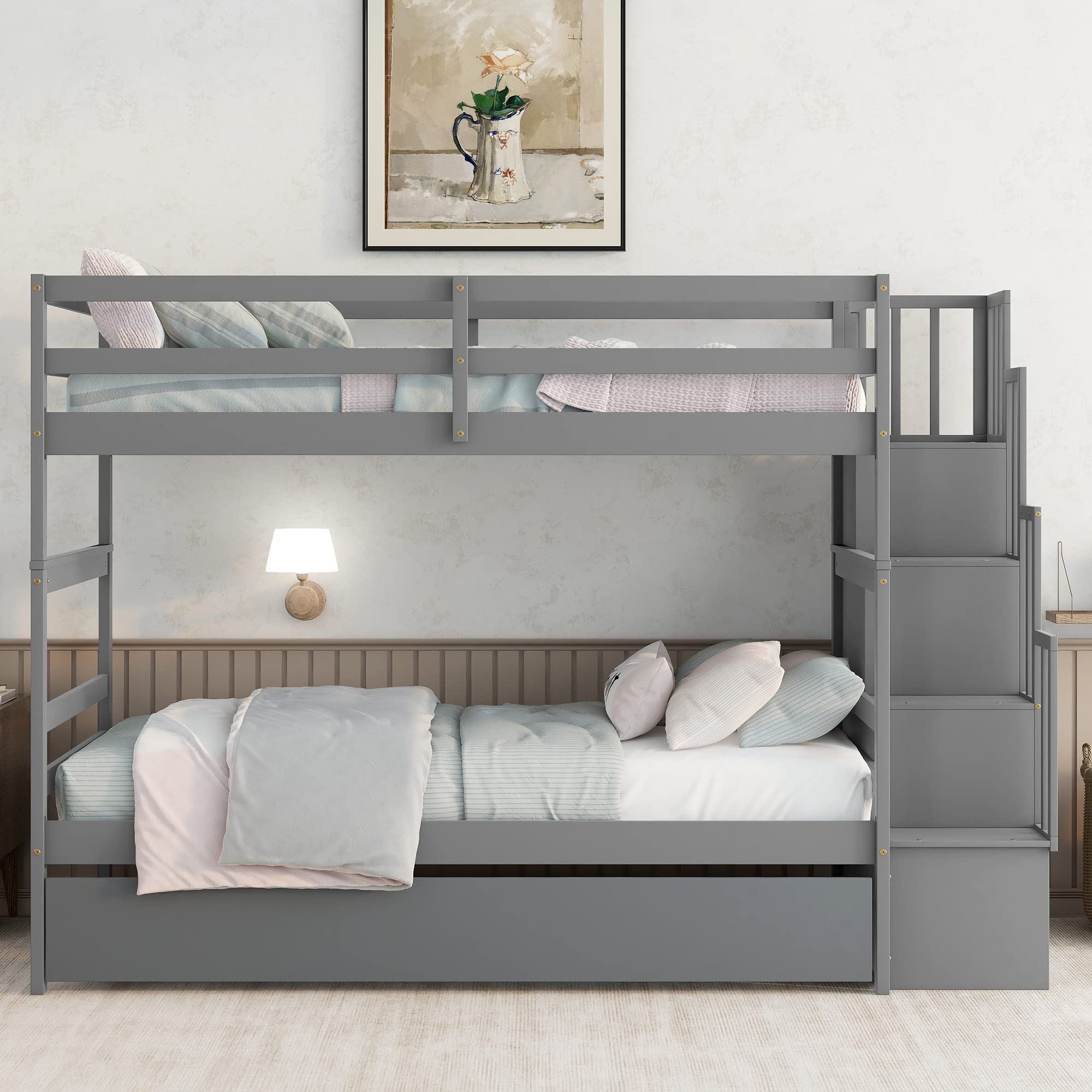 Harper & Bright Designs Twin Over Twin Bunk Bed with Trundle, Storage Shelf & Staircase - Solid Wood Bunk Bed for Kids, Teens & Adults - Space Saving Bedroom Furniture for Small Rooms & Guest Rooms (Grey, Twin/Twin)
