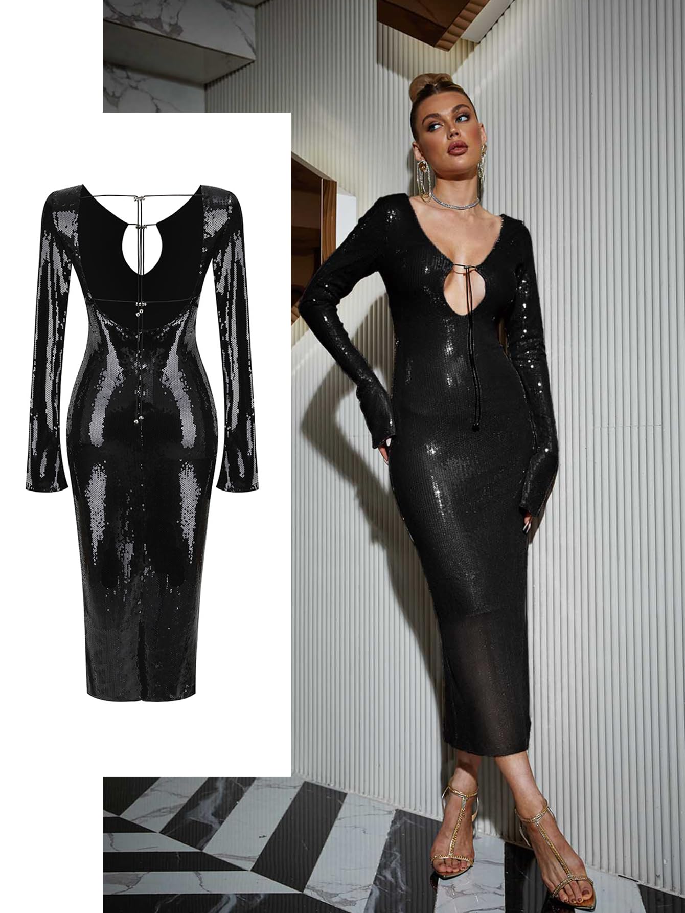 Meilun Women's Deep V Neck Long Sleeve Sequin Evening Gown with Drawstring Waist - Perfect for Cocktail Parties, Prom, and Formal Events