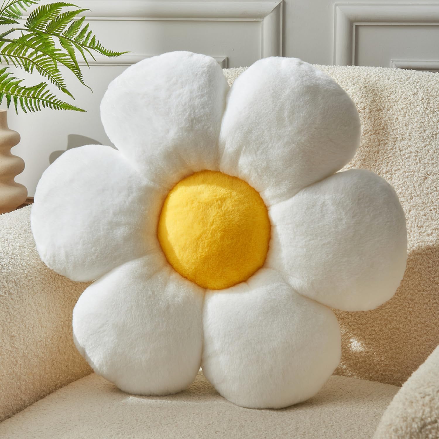 White Flower Pillow - 19.6 Inch Large Floor Cushion, Floral Shaped Throw Pillow for Sofa, Couch & Bed - Soft Home Decor Accent Pillow for Living Room, Nursery or Outdoor Use