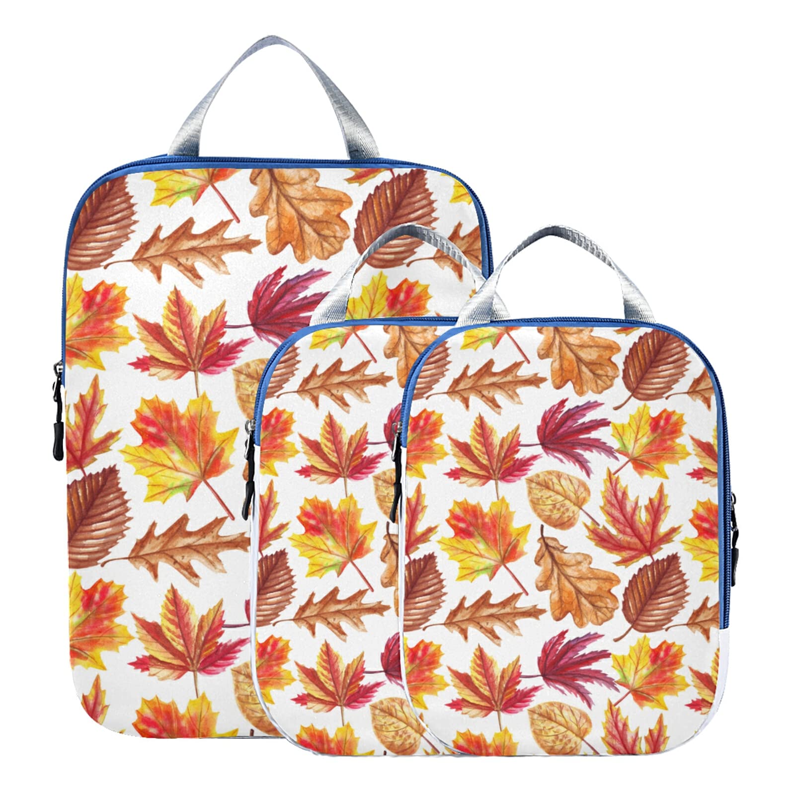 Watercolor Autumn Leaves Orange Red Falling Leaves on White 3-Piece Expandable Luggage Packing Cubes Set - Ultralight Travel Organizer for Suitcase, Compressible Packing Bags - Perfect for Vacation, Business Trips & Airplane Travel