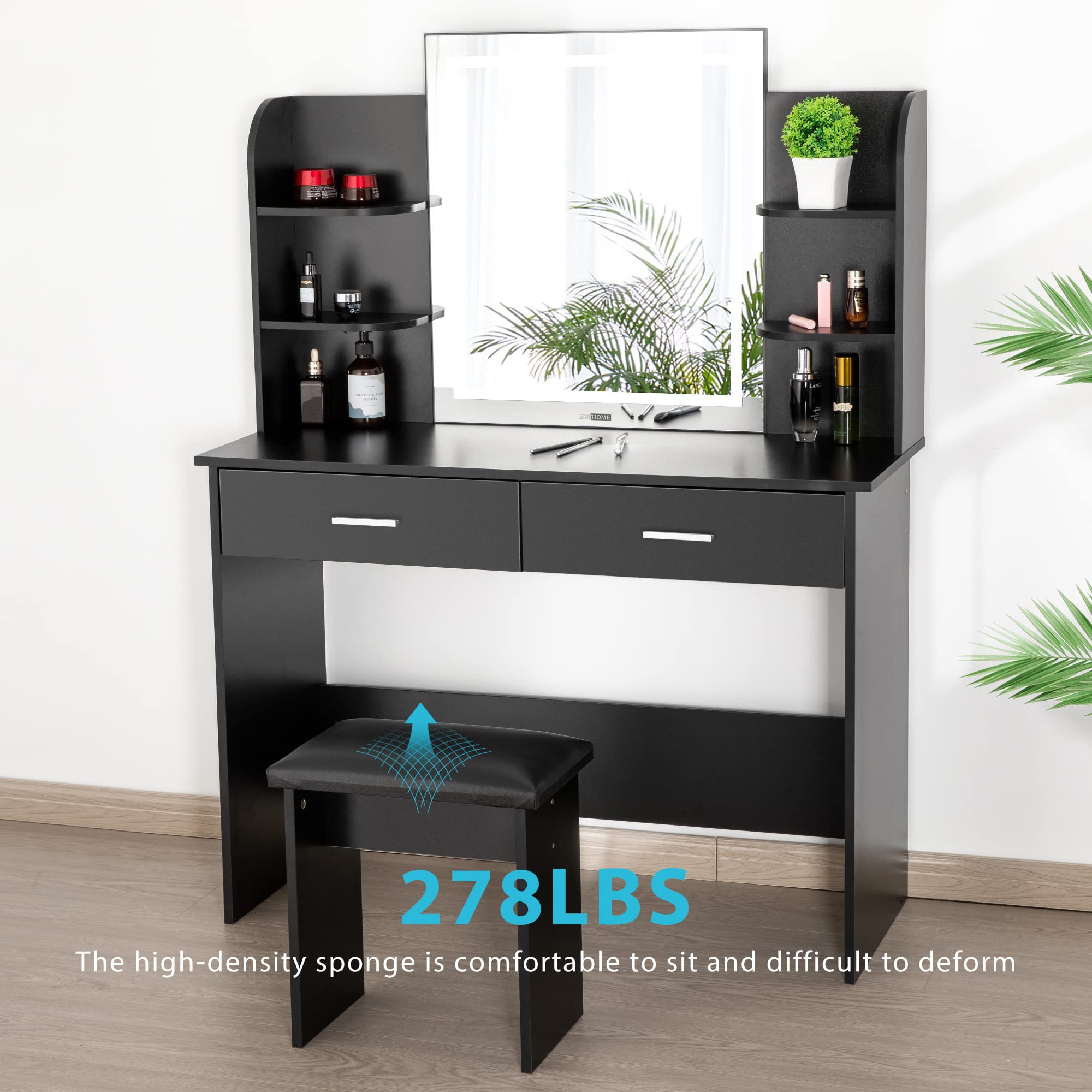 VIVOHOME Black Makeup Vanity Table Set with 3-Color Dimmable LED Mirror, 6 Storage Shelves & 2 Drawers, Includes Cushioned Stool - Perfect for Bedroom, Dressing Room & Beauty Salon Organization