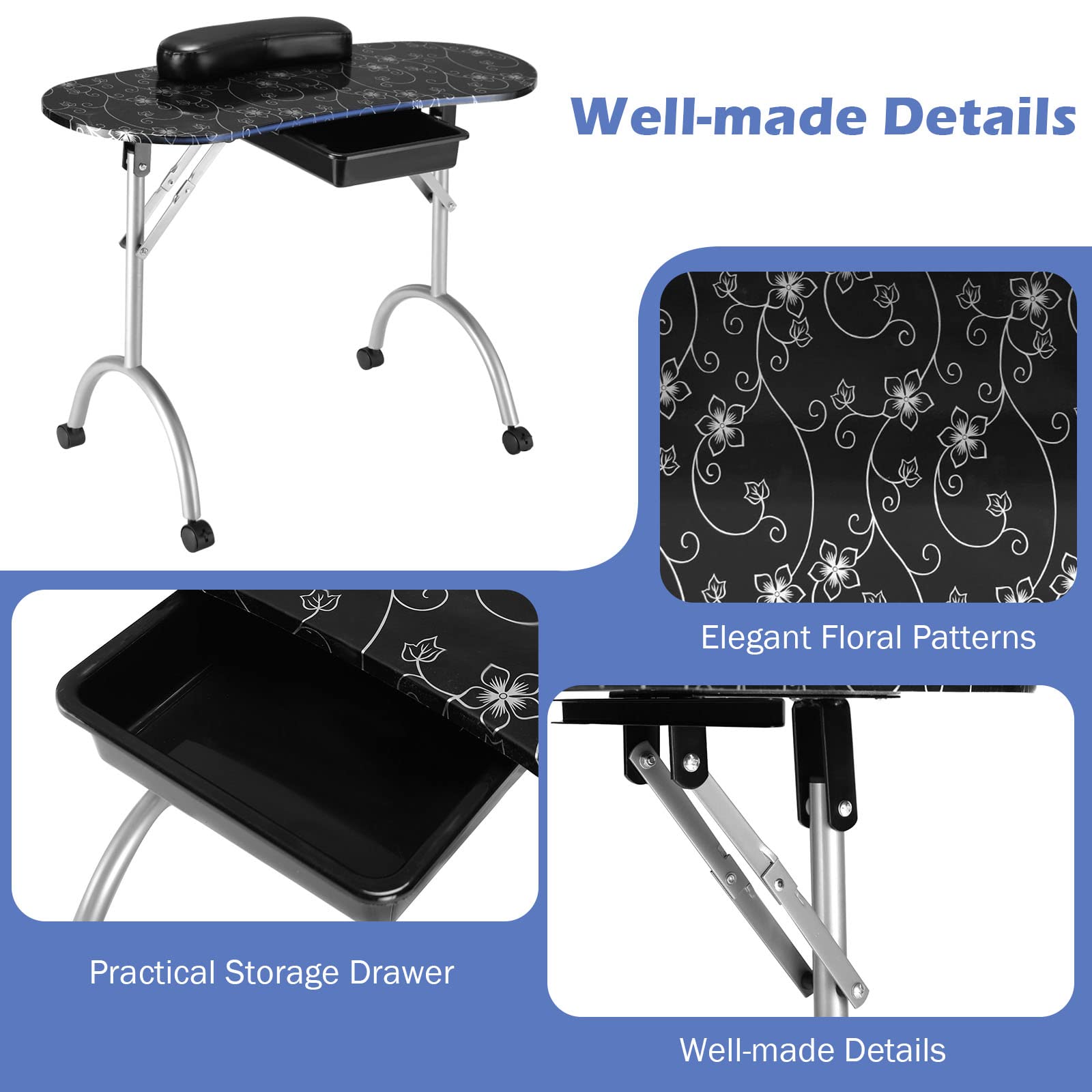 Giantex Portable Foldable Nail Tech Table with Large Drawer, Wrist Rest & 4 Lockable Casters - Professional Manicure Station for Salon Technicians (Black) | Includes Carrying Bag - Perfect for Home & Professional Nail Salons, Mobile Nail Services & Beauty Studios