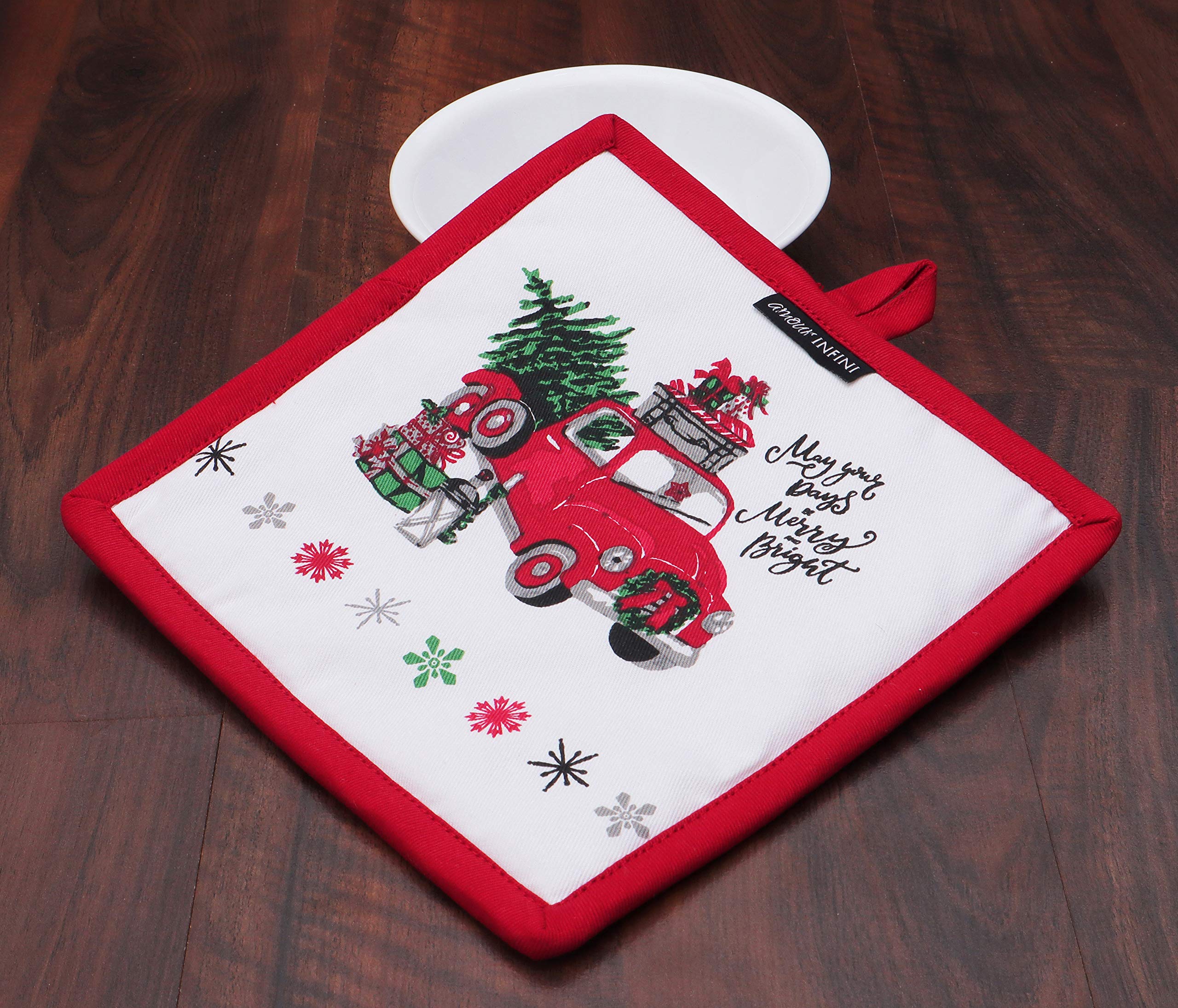 AMOUR INFINI 5-Piece Heat Resistant Kitchen Set - Cotton Pot Holders, Oven Mitt & Kitchen Towel for Cooking, Baking & Grilling | Christmas Gift for Home Chefs & Holiday Hosting