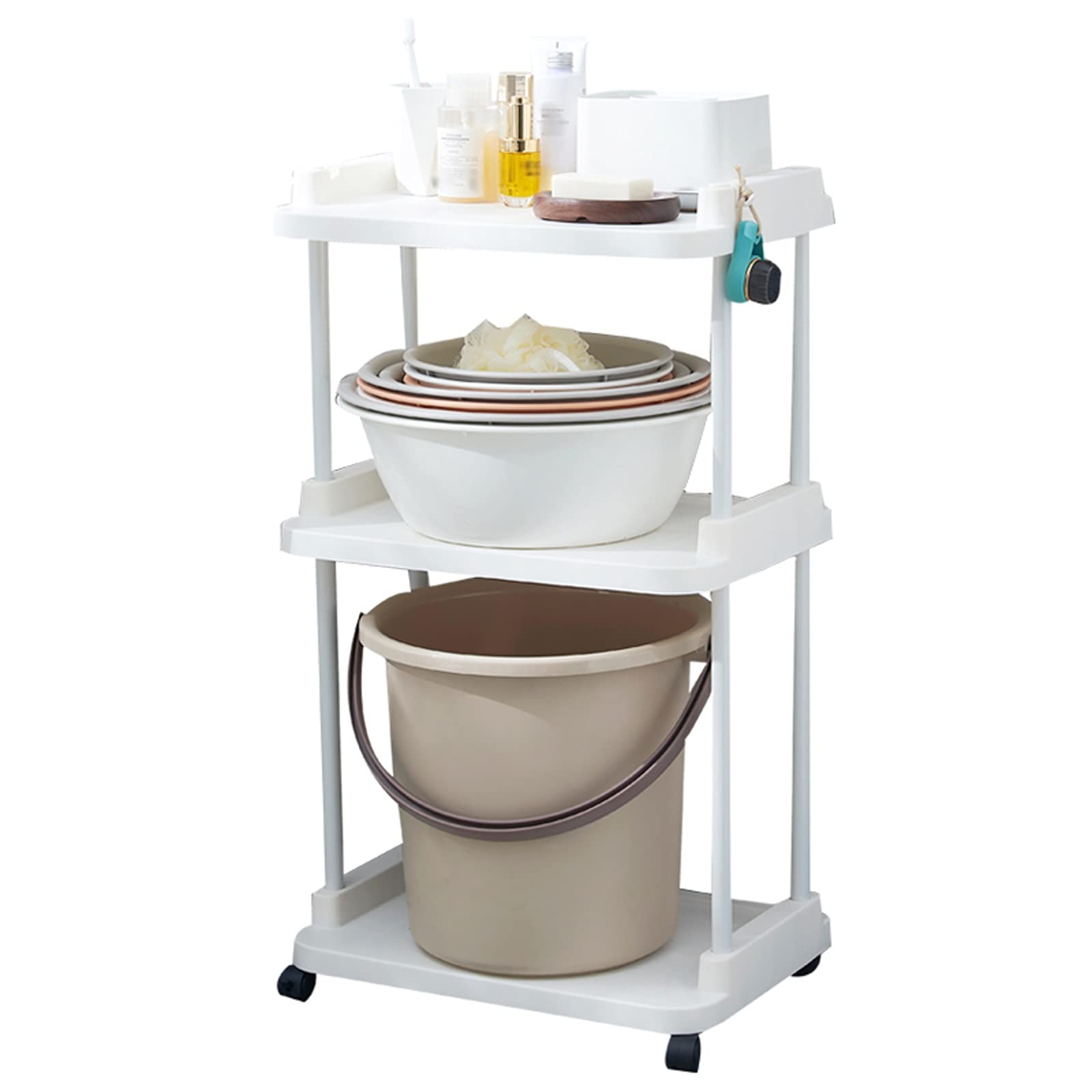 3-Tier Rolling Shower Storage Cart - White Plastic Bathroom Shelf Organizer for Shower, Kitchen & Bathroom | Mobile Shelving Unit with Wheels for Easy Storage & Organization