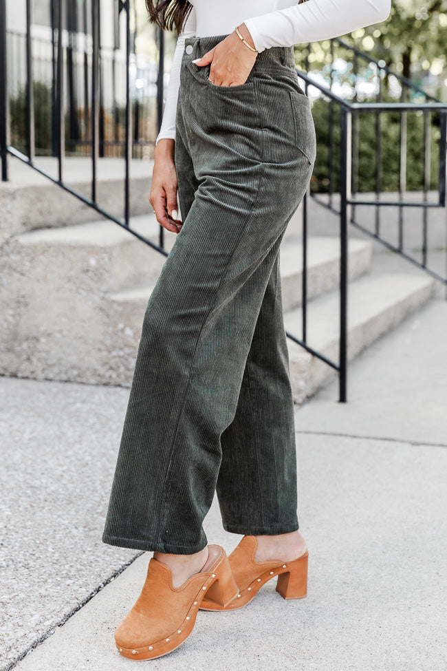 Stylish Olive Corduroy Straight Leg Pants for Women - Comfortable & Trendy Casual Trousers - Perfect for Work, Office, and Everyday Wear