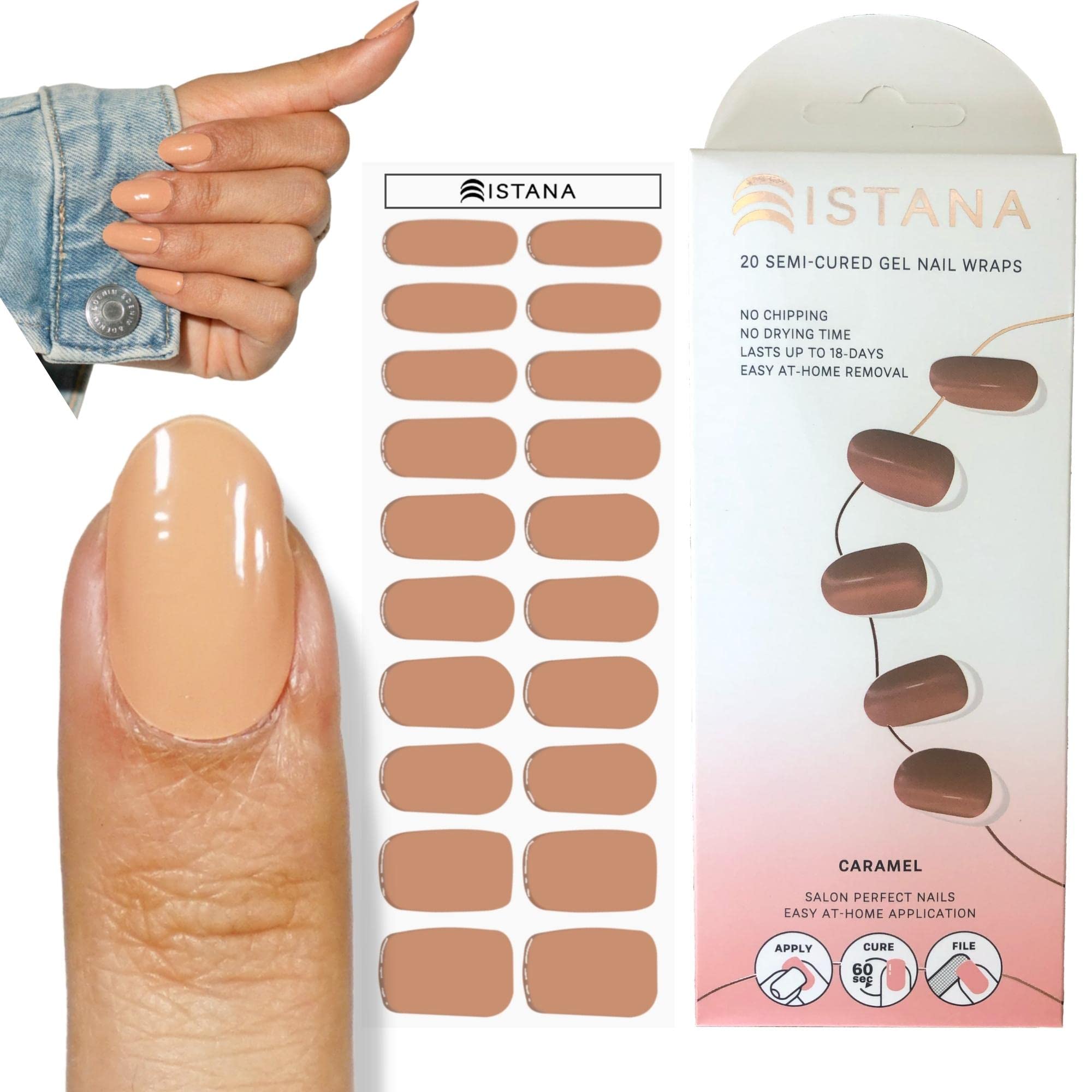 Semi-Cured Gel Nail Polish Strips Kit - 20 Premium Nail Wraps in 10 Sizes | Long-Lasting 18 Days | Self-Adhesive Nail Stickers for Easy Application | Caramel Color | Perfect for Home Manicures, Parties & Special Occasions