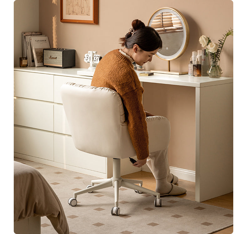 Organic Leather Dressing Stool - Adjustable Cream Makeup Vanity Chair for Salon, Bedroom & Bridal Makeup | Portable Cosmetic Stool with Wheels