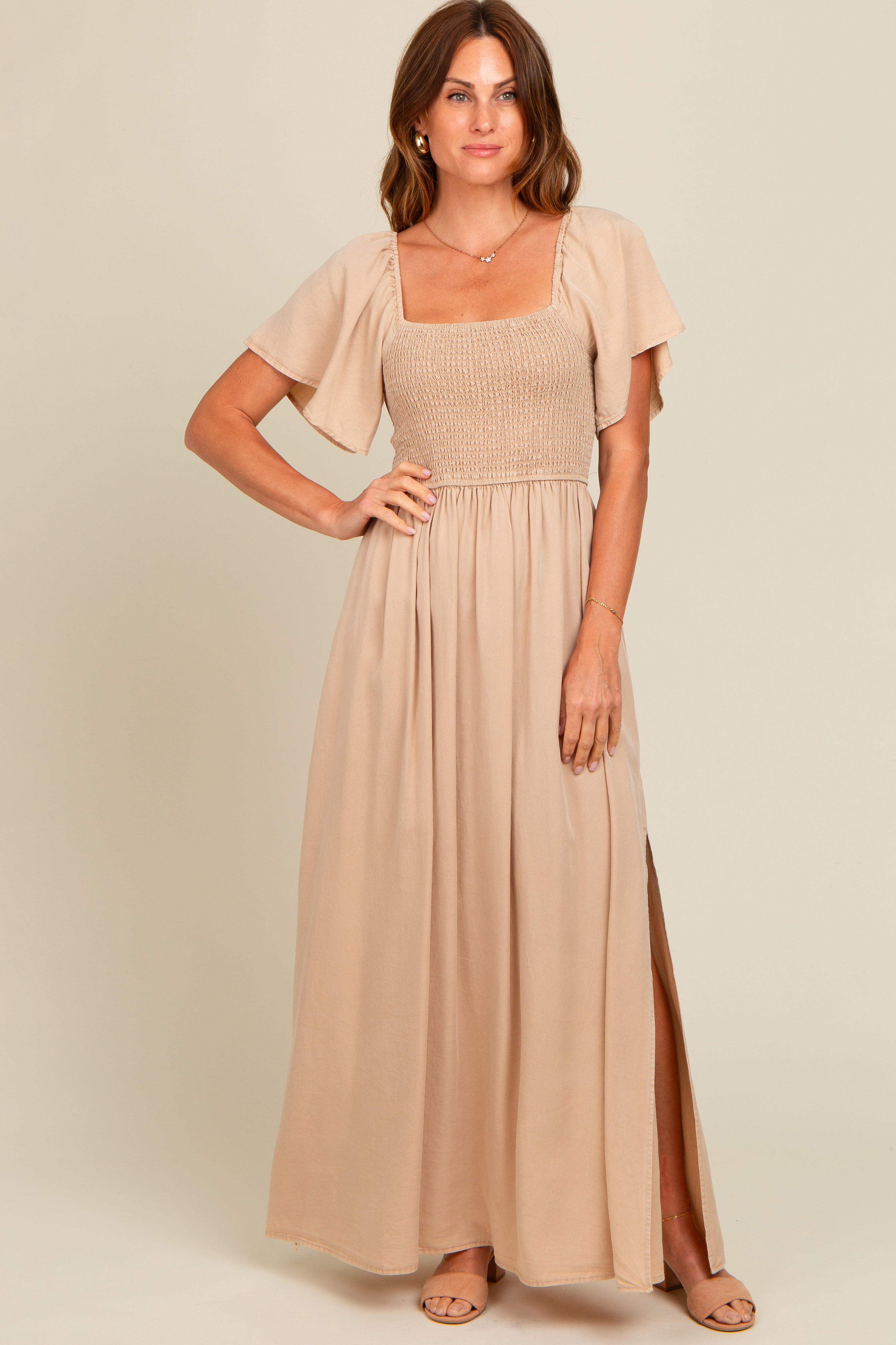 Beige Chambray Smocked Maternity Maxi Dress for Women - Comfortable Pregnancy Dress for Baby Shower, Maternity Photos & Summer Outfits