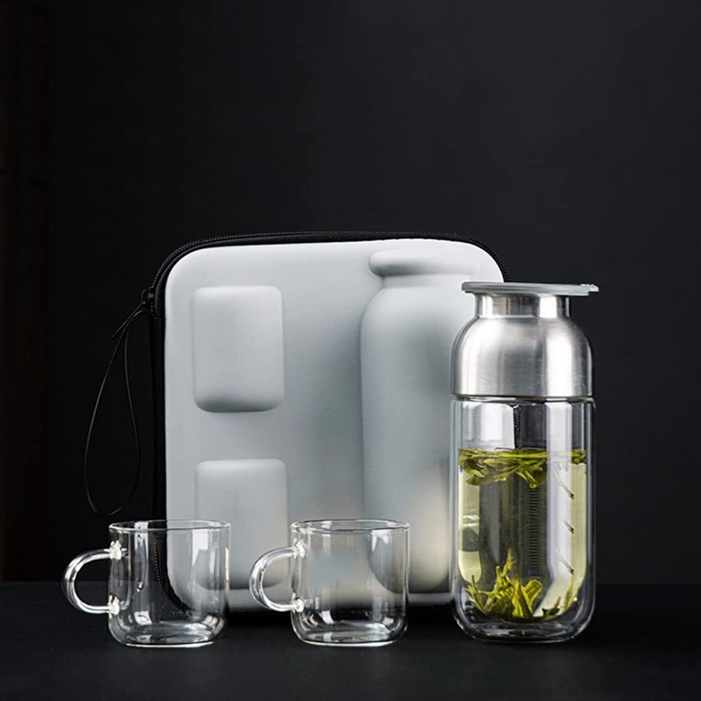 NFGUY Portable Travel Glass Tea Set - 1 Pot & 2 Cups, Essential Tea Accessories for Camping, Office & Outdoor Use (Tea Cup Set)