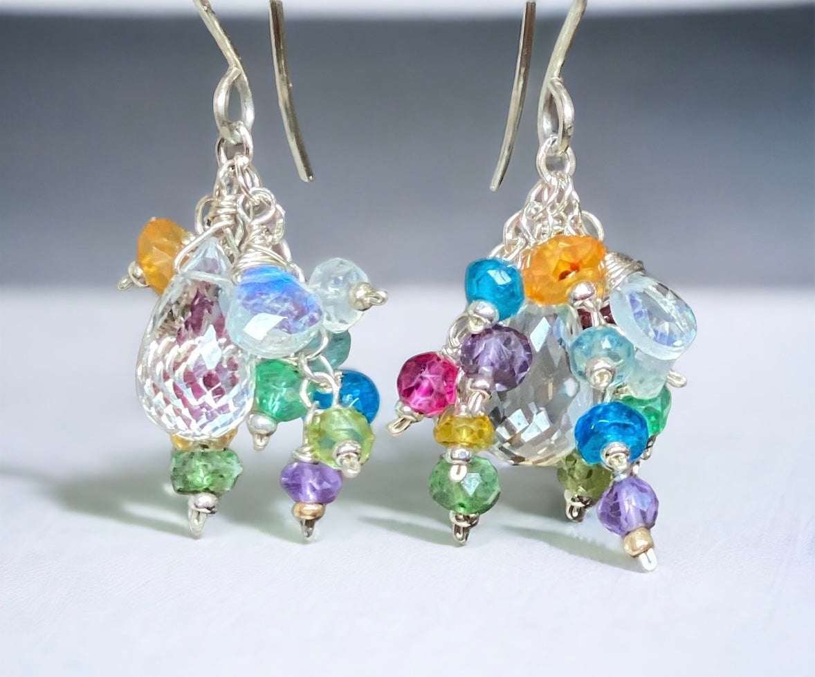 Crystal Quartz Dangle Earrings with Multi Gemstone Cluster in Sterling Silver | Elegant Jewelry for Women | Perfect for Parties, Weddings & Special Occasions