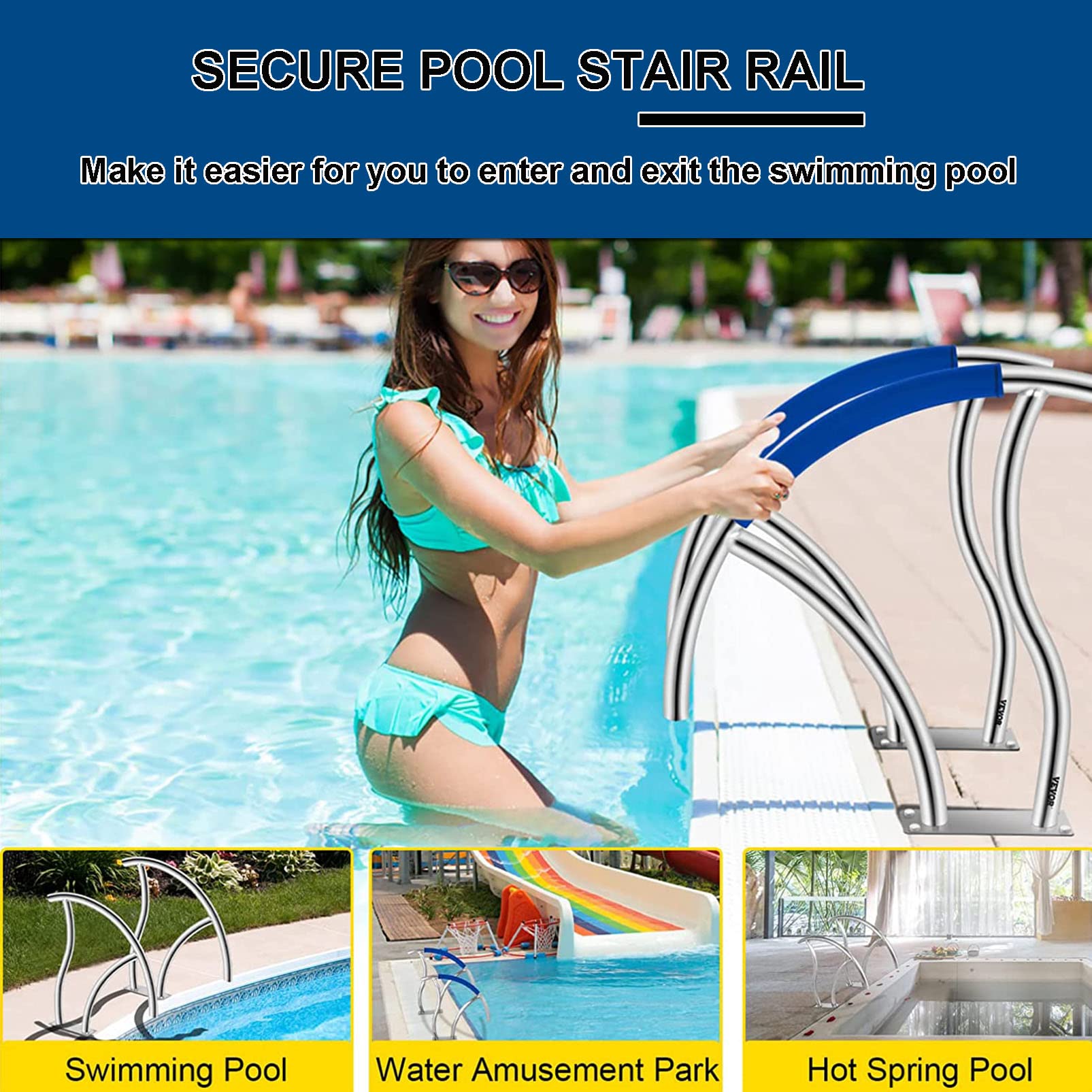 304 Stainless Steel Inground Pool Handrail - Rustproof Safety Railing with Blue Grip Cover & Anchors Screws for Swimming Pool Stairs | Durable Pool Accessory for Safety & Easy Entry/Exit