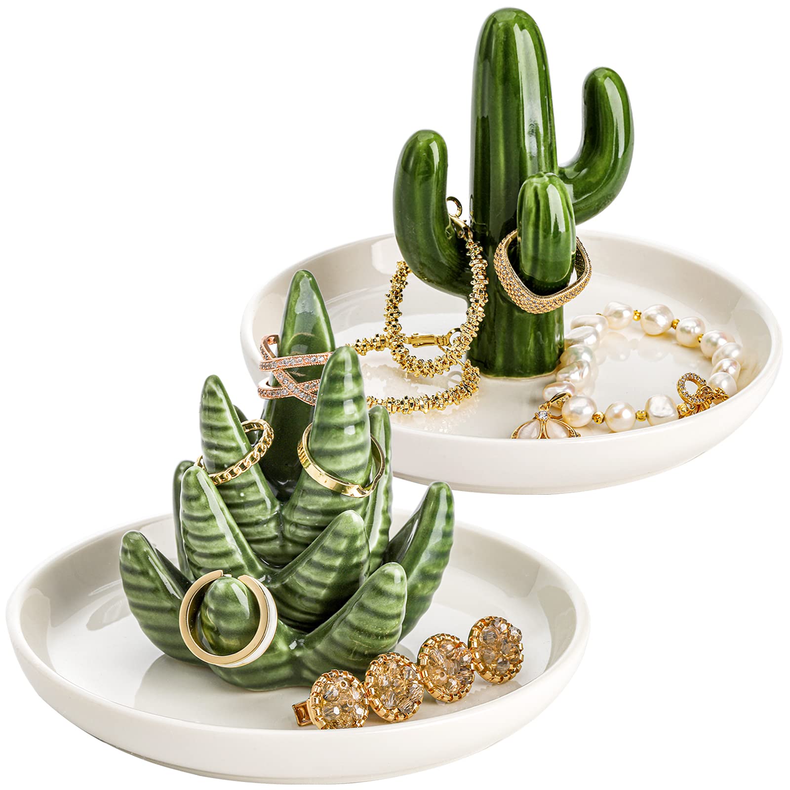 Elsjoy Set of 2 Aloe and Cactus Ceramic Jewelry Dish - Ring Holder Bracelet Earrings Necklace Organizer Tray - Decorative Succulent Trinket Dish for Wedding Birthday Gifts - Perfect for Bathroom Vanity, Bedroom Dresser, and Home Decor