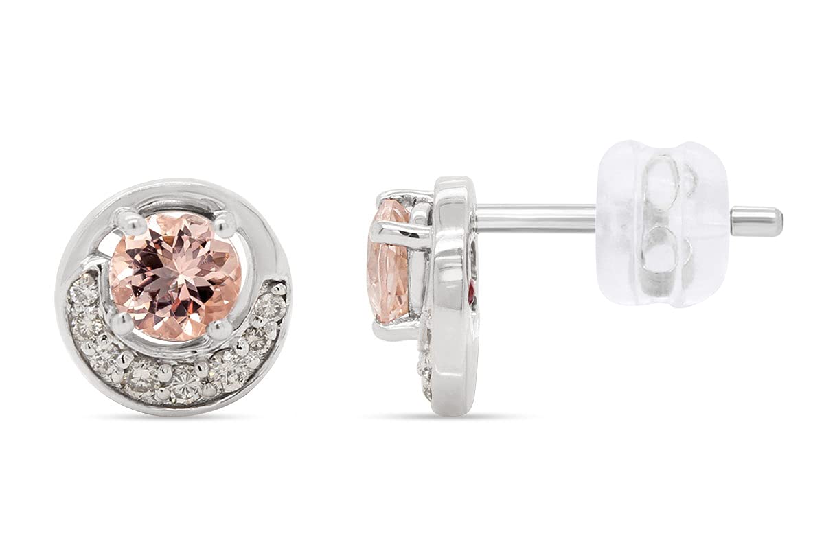 14K Gold Morganite & Diamond Half Moon Stud Earrings | 4MM Round GEMVIO Collection | Anniversary, Wedding Gift for Women | Perfect for Date Nights & Special Occasions