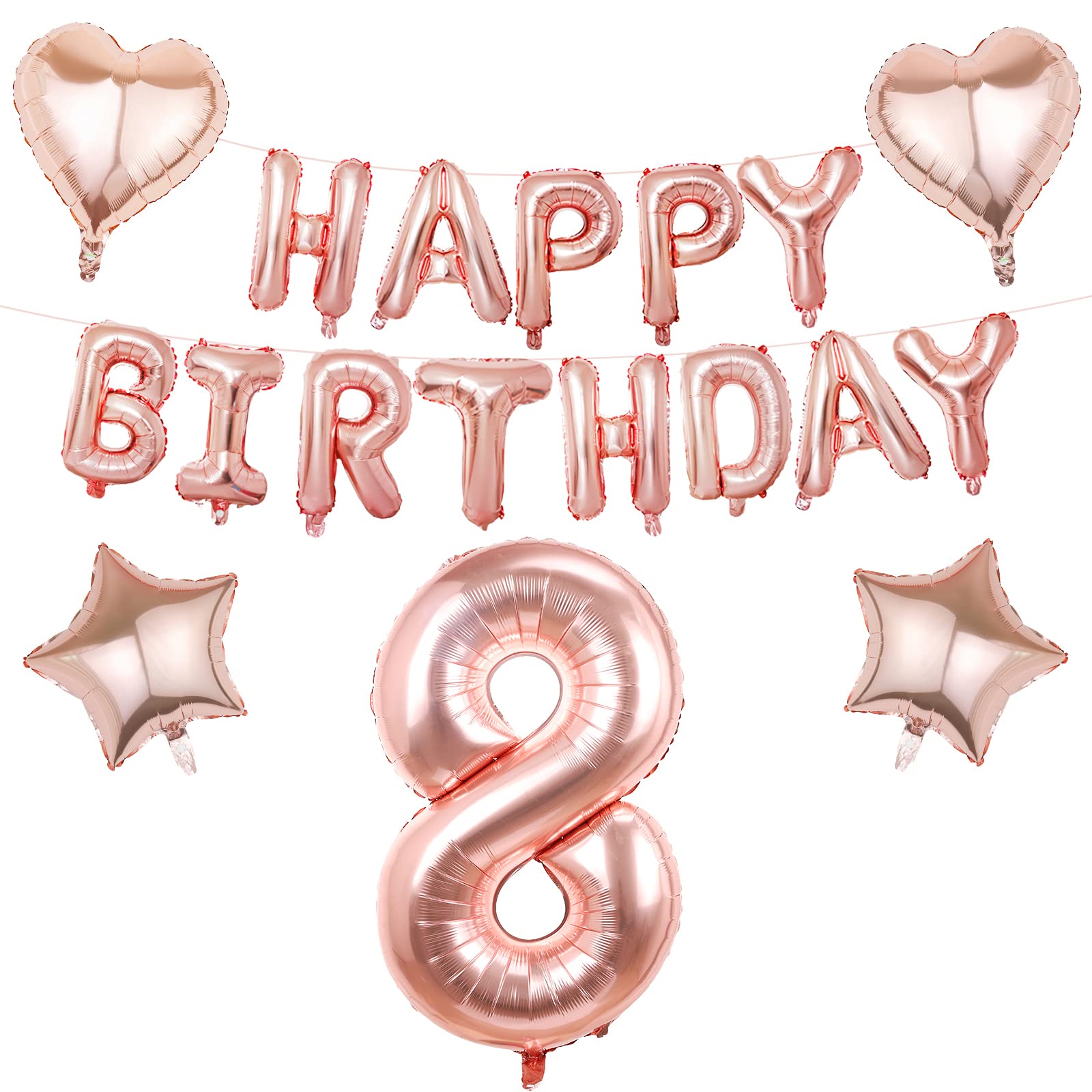 Rose Gold Happy Birthday Balloons Banner - 16 Inch Mylar Foil Number 8 Balloons for 8th Birthday Party Decorations | Perfect for Kids Birthday Parties, Baby Showers & Anniversary Celebrations