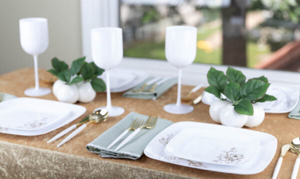32-Piece White and Gold Round Plastic Dinnerware Set - 16 Place Settings - Elegant Disposable Plates, Bowls, Cups & Cutlery for Parties, Weddings, and Special Events
