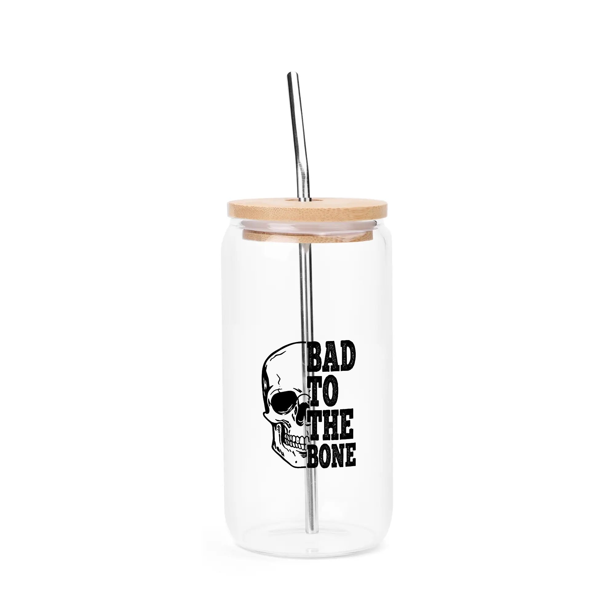 Bad To The Bone 16oz Glass Cups with Bamboo Lids & Straws - Reusable Eco-Friendly Drinking Glasses for Iced Coffee, Smoothies, and Cocktails at Home or Office