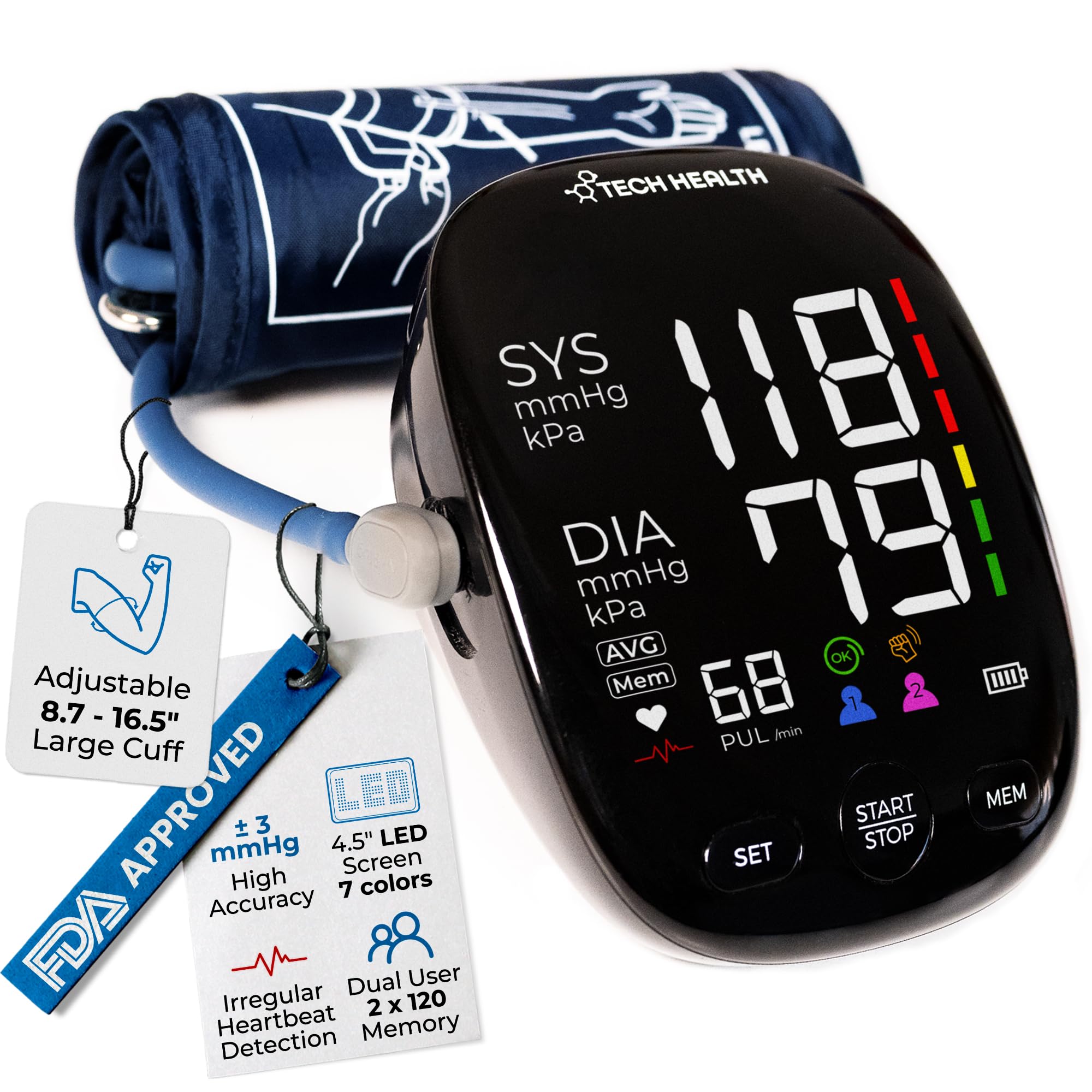 Digital Blood Pressure Monitor for Home Use - Adjustable Large Cuff (8.7-16.5 Inches), 240 Memory Readings (120 per User) with Batteries & Storage Pouch Included - Perfect for Family Health Tracking & Doctor Visits