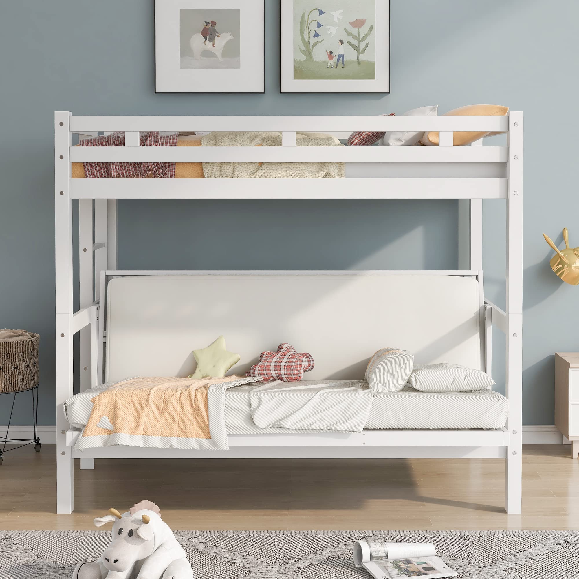 White Wooden Full Bunk Bed with Twin Size - Convertible Lower Bed to Sofa Bed - Space Saving Bunk Bed Frame for Kids, Teens & Guest Rooms - Perfect for Small Bedrooms, Dorms & Vacation Homes