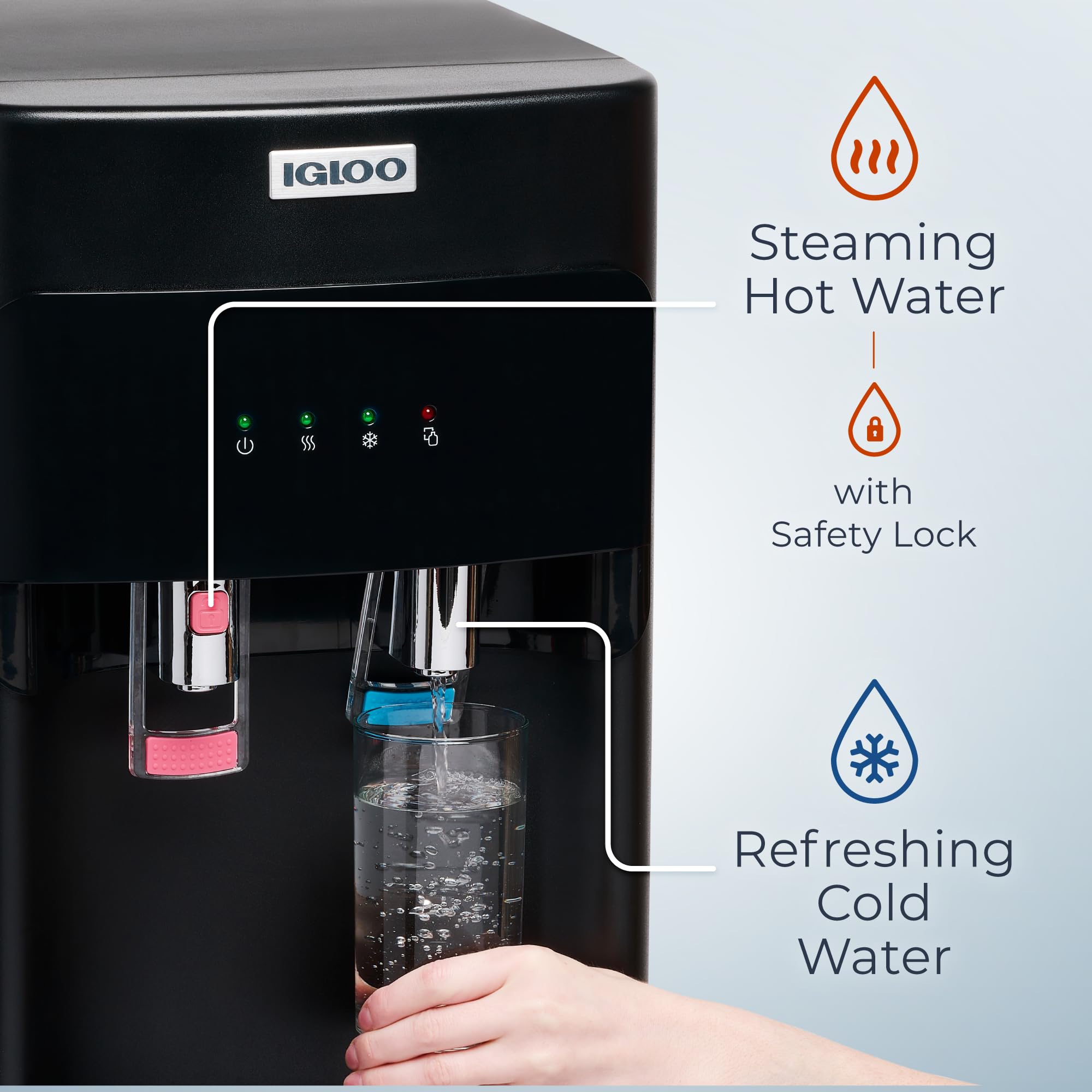 Igloo Hot and Cold Water Cooler Dispenser - 3/5 Gallon Bottle Capacity - Dual Temperature Spouts with Child Safety Lock - Bottom Loading Design (Black) - Perfect for Office, Home, and School Hydration