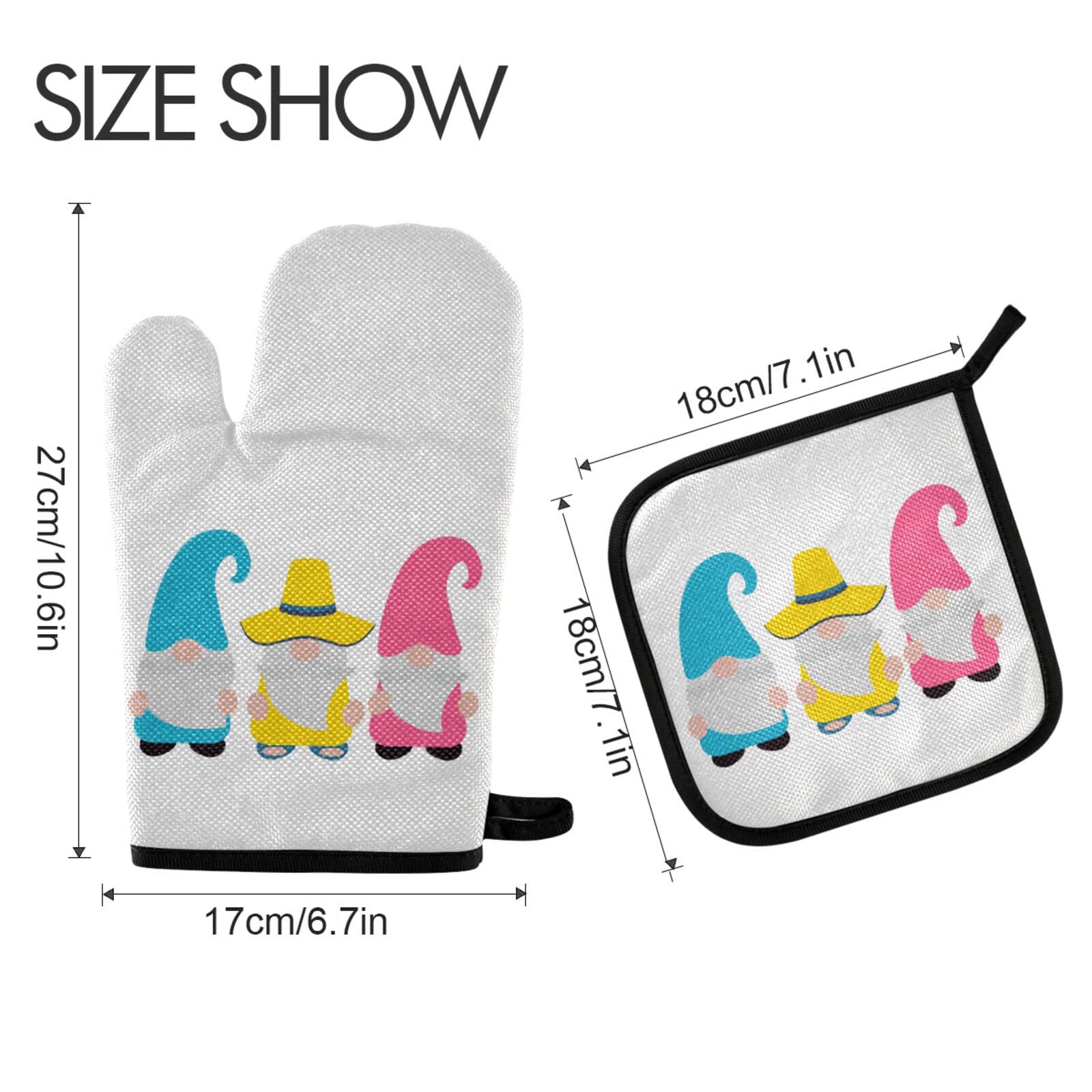 Summer Gnome Oven Mitts and Pot Holders Set of 2 - Heat Resistant Kitchen Gloves with Soft Cotton Lining, Non-Slip Grip for Baking, Cooking, BBQ - Yellow, Pink, Blue Spring Colors - Perfect for Home Kitchen, Outdoor Grilling & Holiday Gift Giving