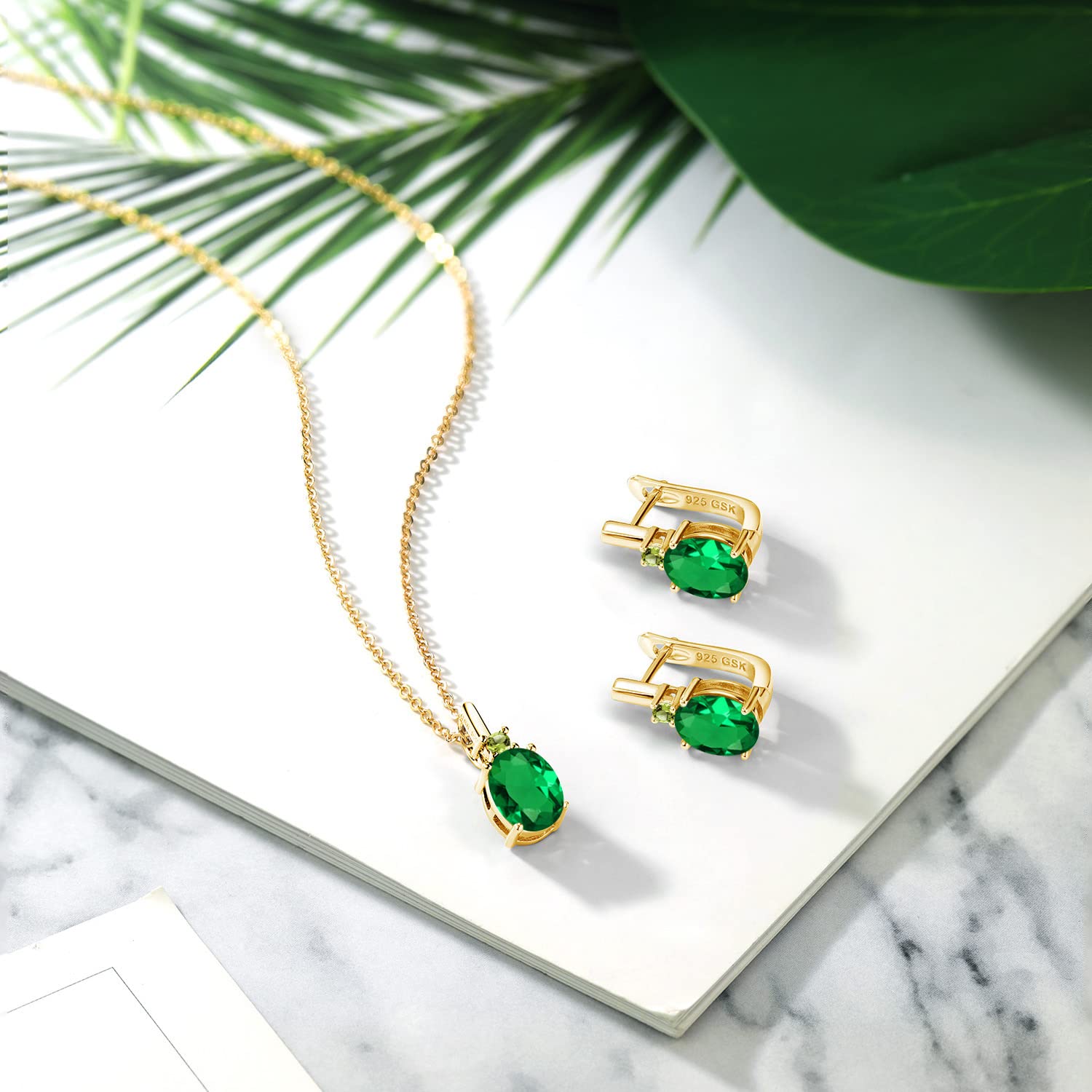 18K Yellow Gold Plated Silver Green Simulated Emerald & Peridot Pendant Earrings Set for Women | 4.57 Cttw Oval & Round Gemstones | 18