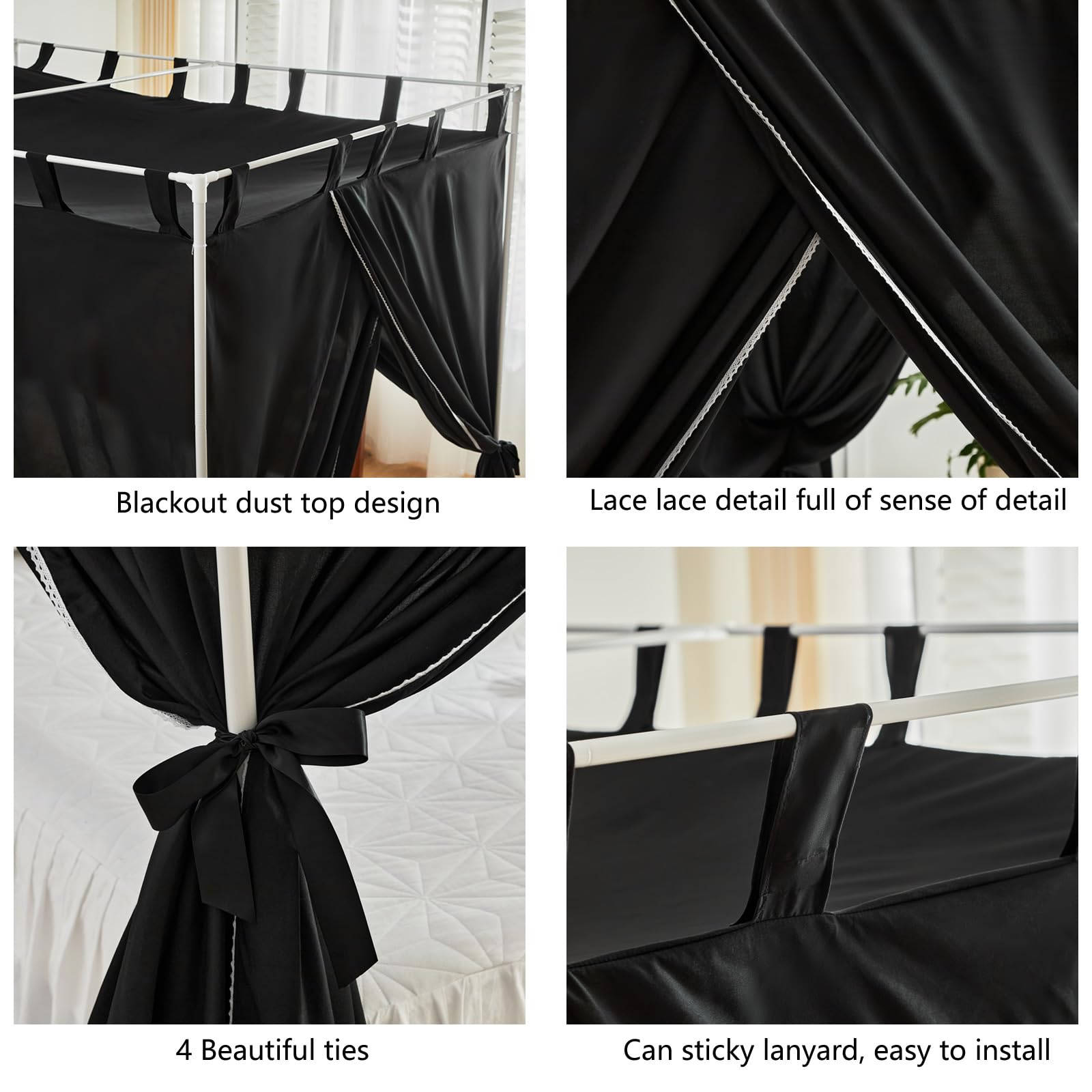 AIKASY Black Canopy Bed Curtains with Top Ties & Tie Backs - Twin Size Windproof Lightproof Bedroom Drapes for Privacy & Decoration | Perfect for Romantic Bedrooms, Dorm Rooms & Cozy Sleep Spaces