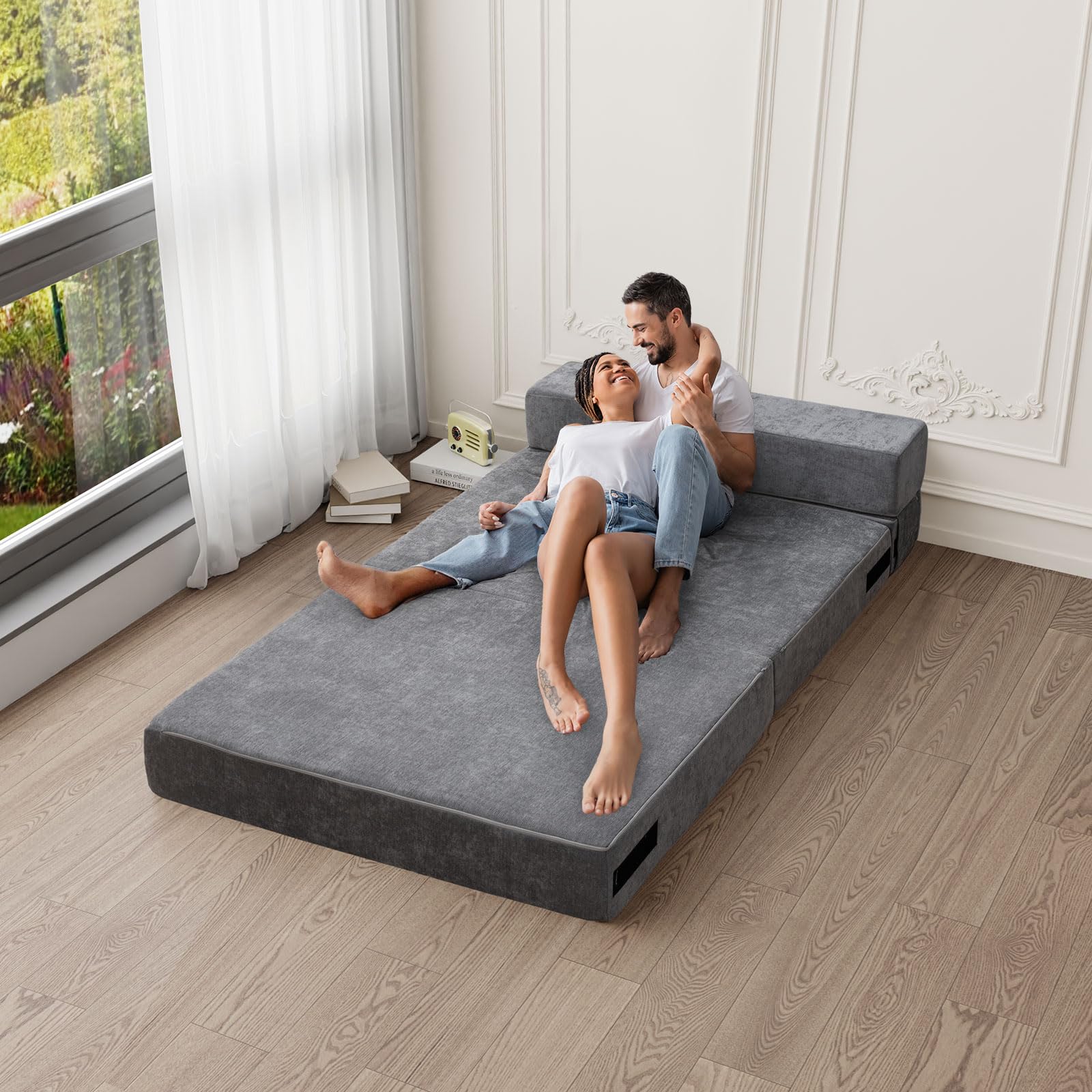 HOMFINE Folding Sofa Bed - Convertible Sleeper Chair with Pillow, Twin Size Gray Futon Couch for Small Spaces | Fold Out Couch & Foam Floor Mattress | Perfect for Living Room, Dorm, Guest Room & Home Office | Space-Saving Multi-Functional Furniture for Relaxing, Lounging & Overnight Guests
