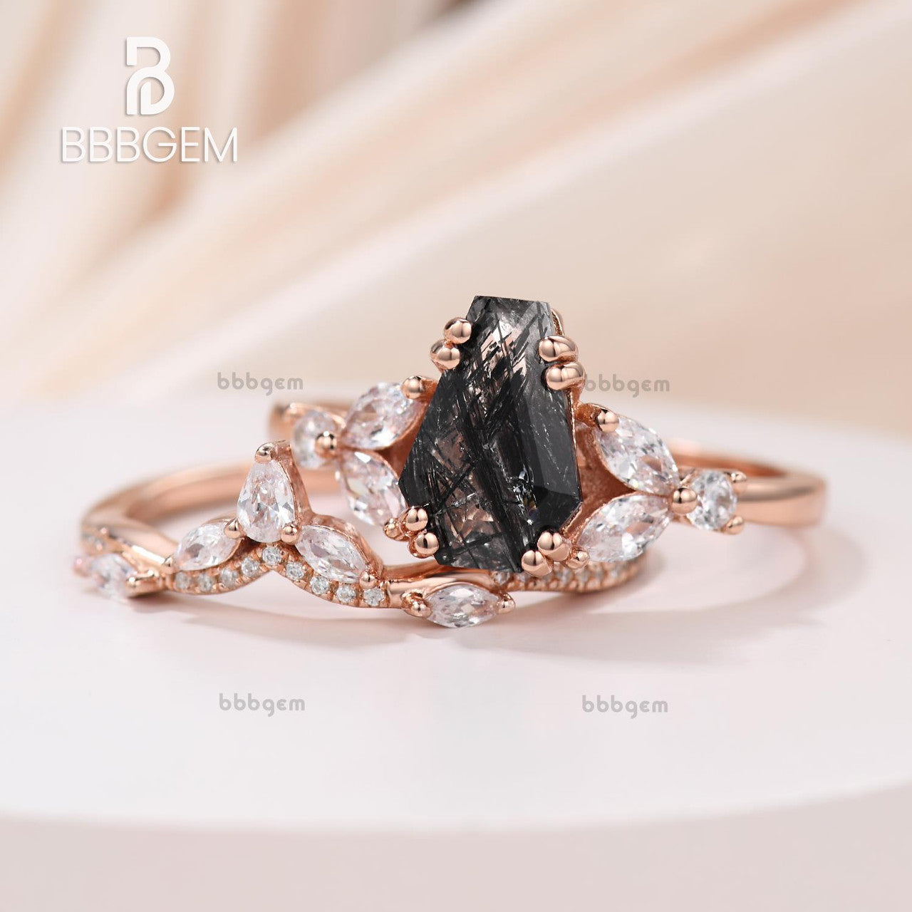 Gothic Coffin Shape Black Rutilated Quartz Bridal Ring Set - Rose Gold Unique Jewelry for Women | Gothic Wedding, Dark Romance & Alternative Fashion Accessory