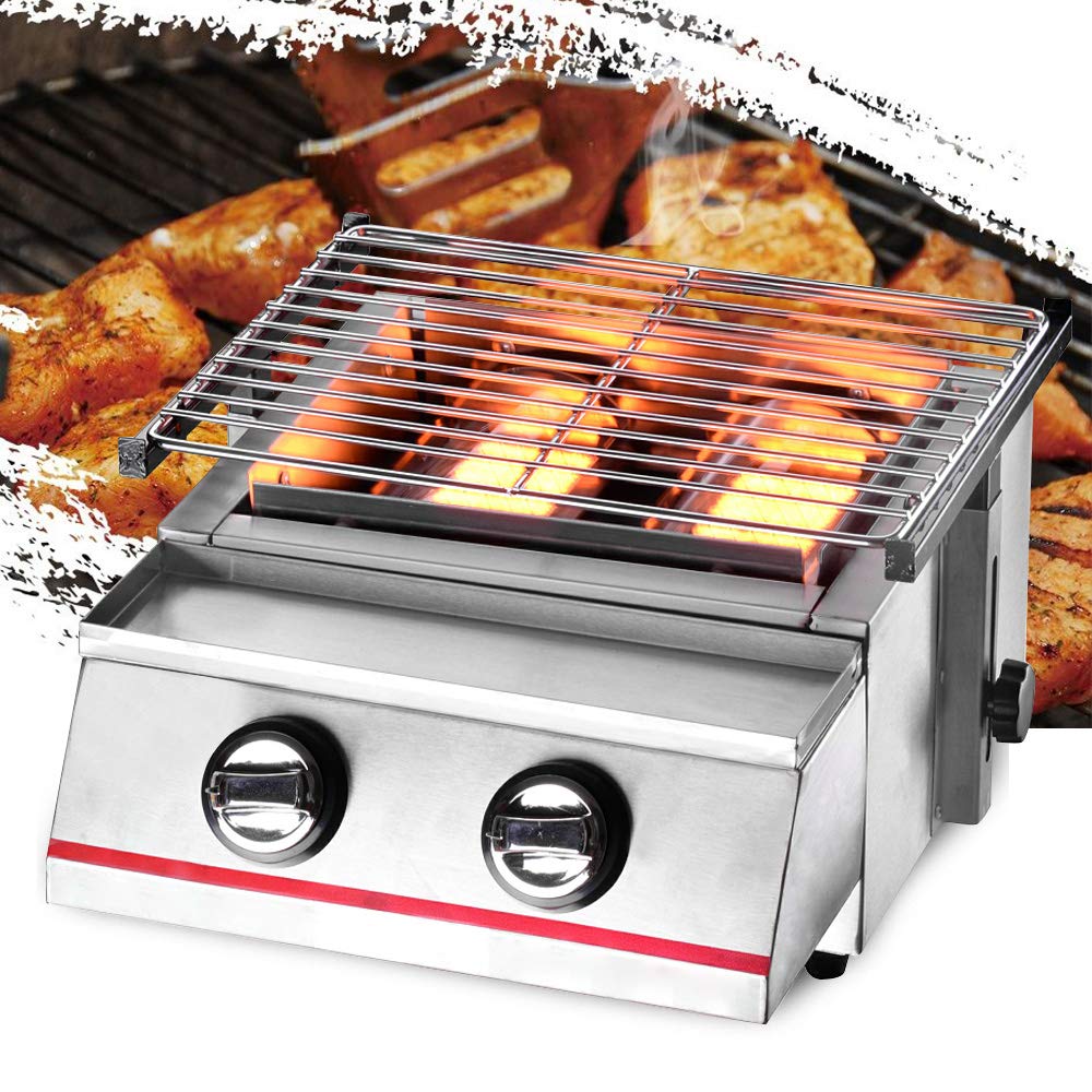 LOYALHEARTDY 2 Burner Portable Gas Grill - Stainless Steel Tabletop BBQ Grill with Adjustable Height - Lightweight Outdoor Cooking for Camping, Backyard, Picnic & Tailgating - Smokeless Design Perfect for Patio & Garden Parties