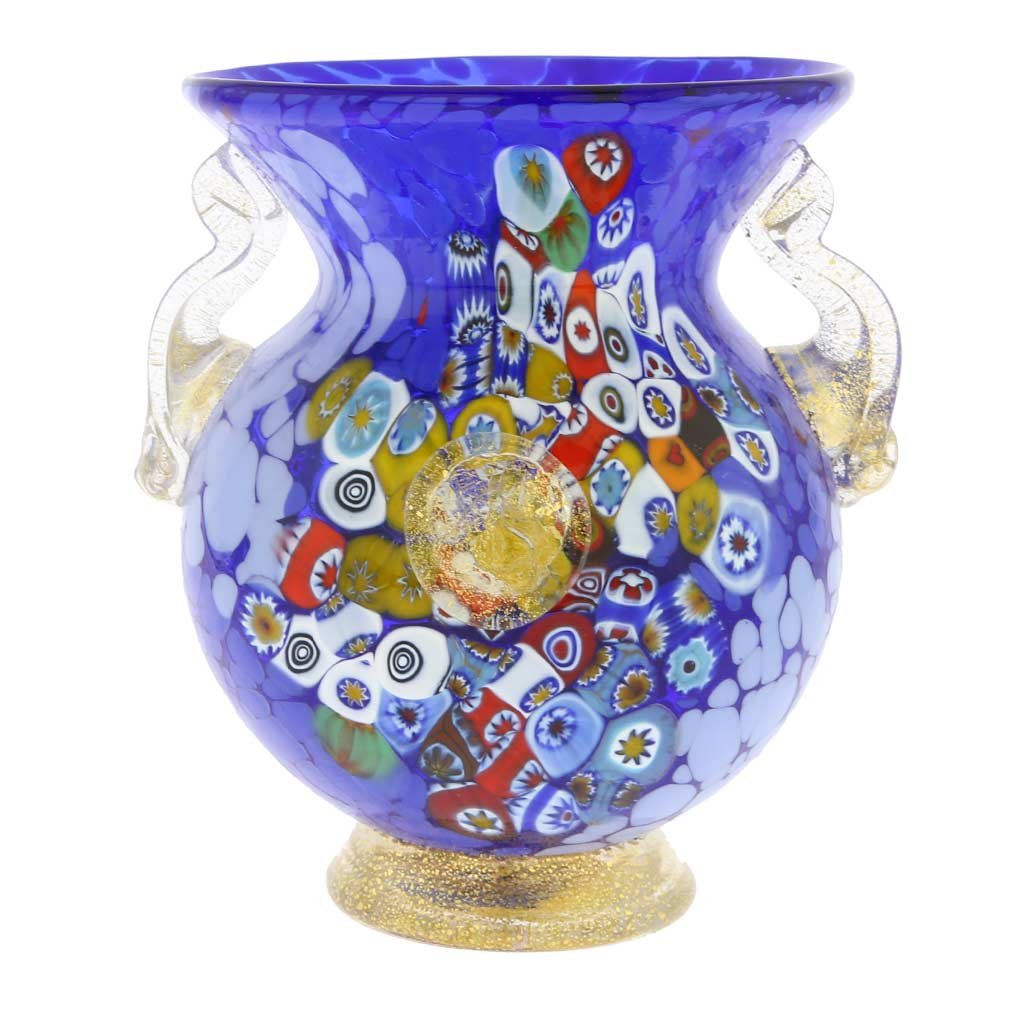 Authentic Murano Glass Millefiori Urn Vase with Lion Heads - Handcrafted Blue Venetian Art Glass | Perfect for Home Decor, Wedding Centerpieces & Luxury Gift Giving