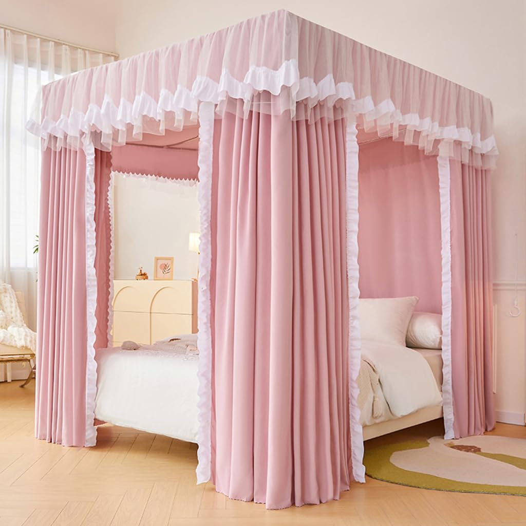 Princess 4 Corner Post Bed Canopy - Windproof & Lightproof Mosquito Net for Queen Size Beds, Pink Bedroom Decor for Adults & Girls (Perfect for Nursery, Kids Room or Romantic Bedroom Decor)