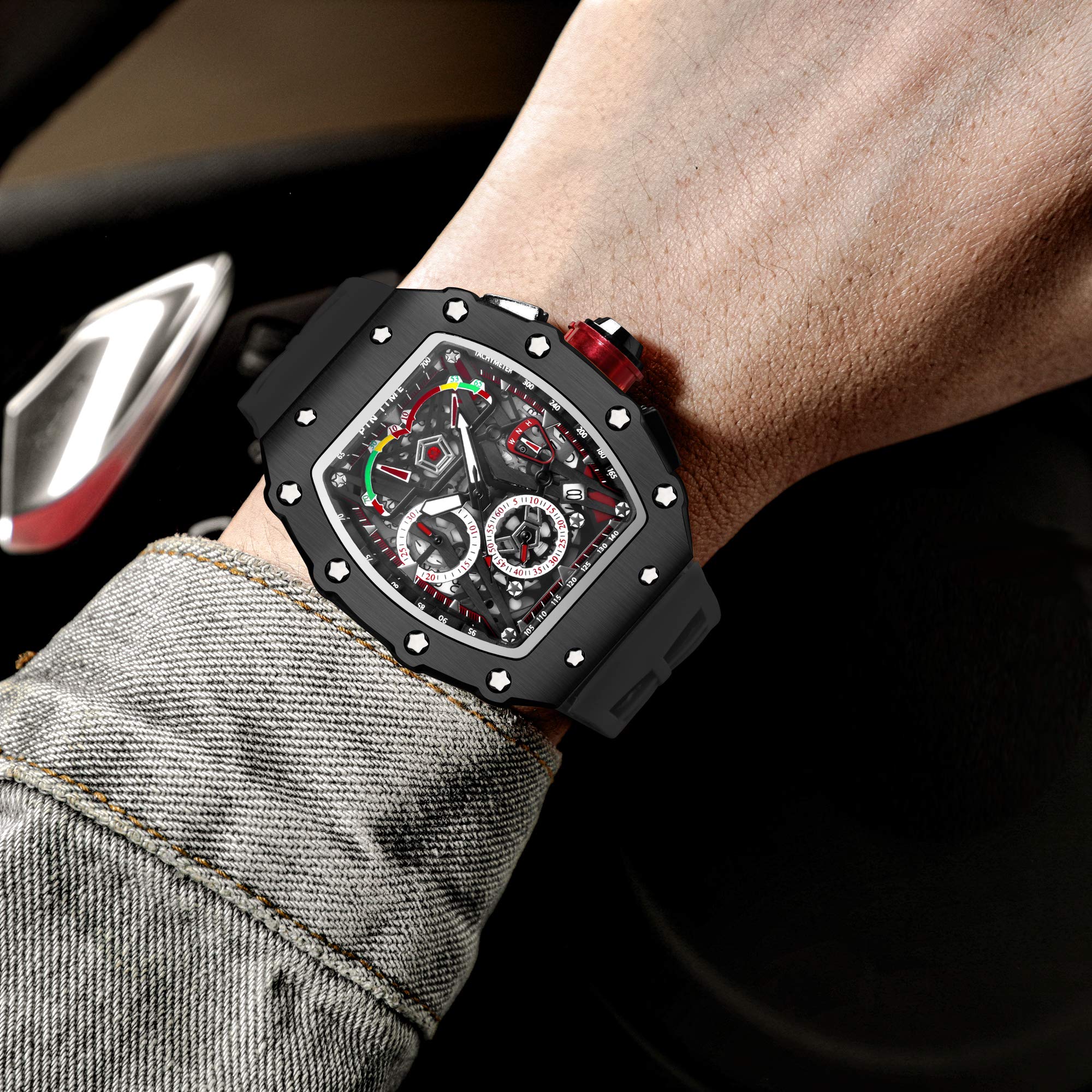 PINTIME Men's Fashion Watch - Hollow Punk Chronograph Sports Wristwatch - Luxury Designer Timepiece for Casual & Formal Wear - Perfect for Business, Dating & Special Occasions