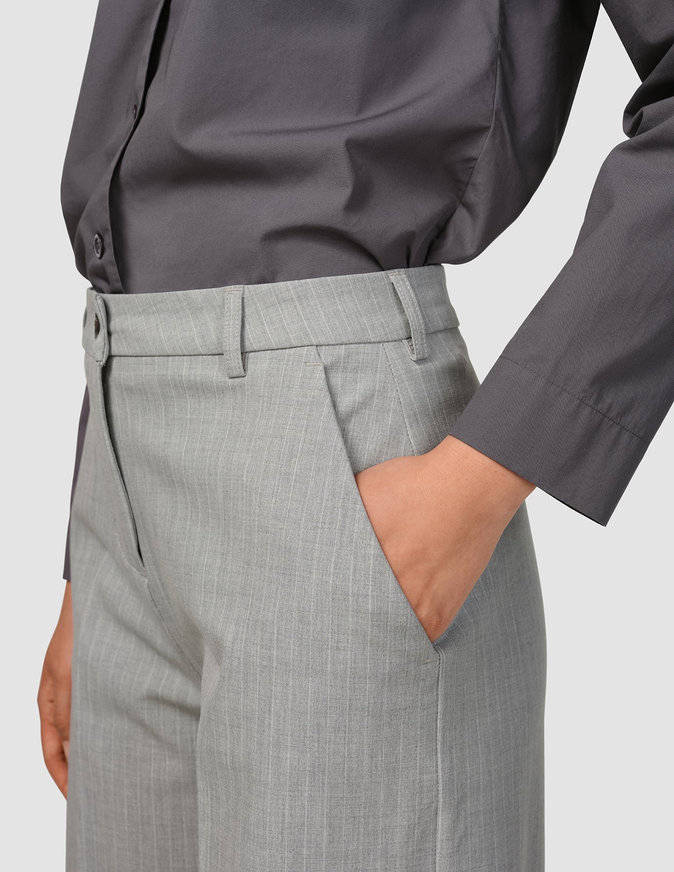 Essential Wide Leg Pants - Light Grey Pinstriped Trousers for Women | Comfortable Office Wear & Casual Outfits