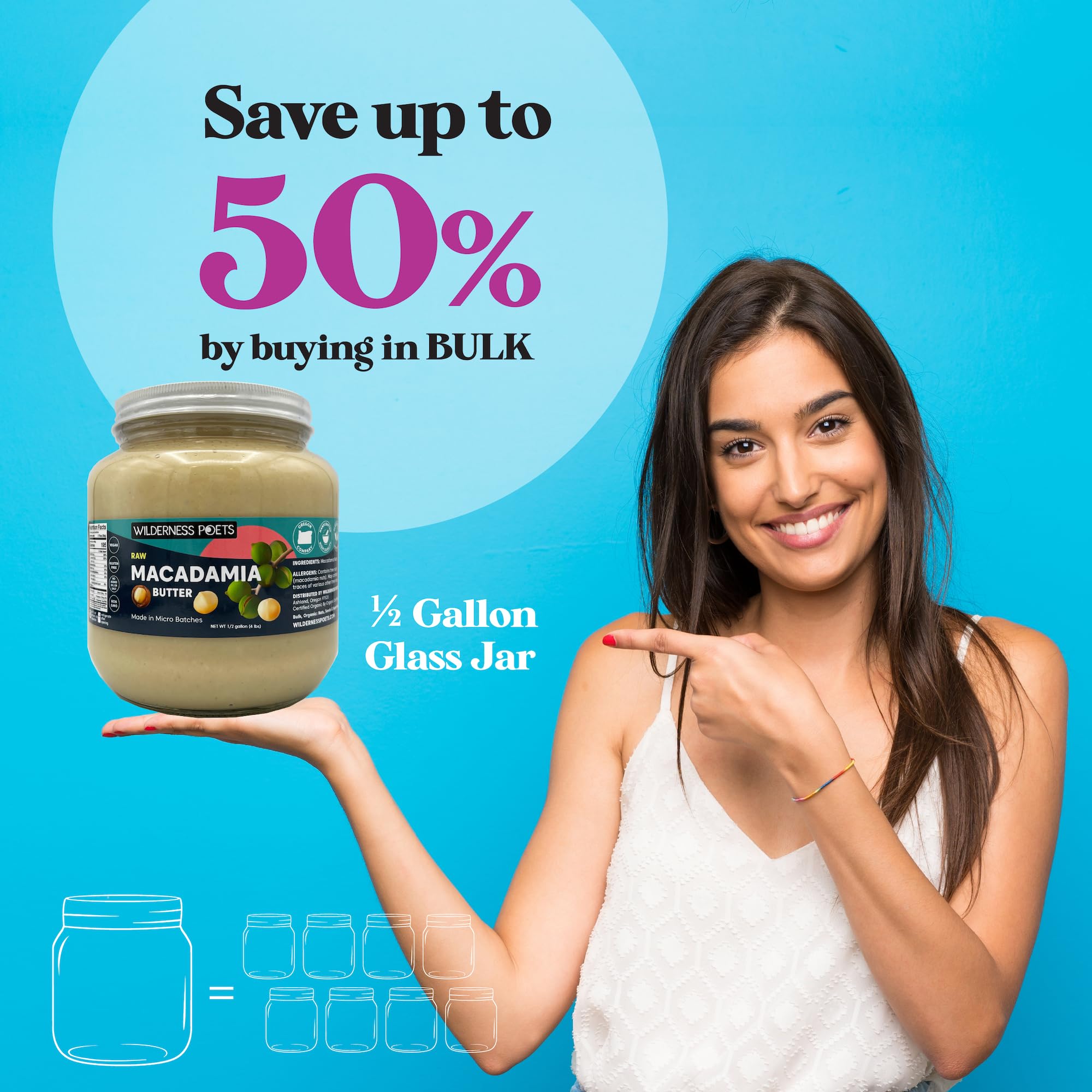 Organic Raw Macadamia Nut Butter - 64oz (4lb) Glass Jar - Vegan, Paleo, Keto-Friendly - Perfect for Smoothies, Baking & Healthy Snacks