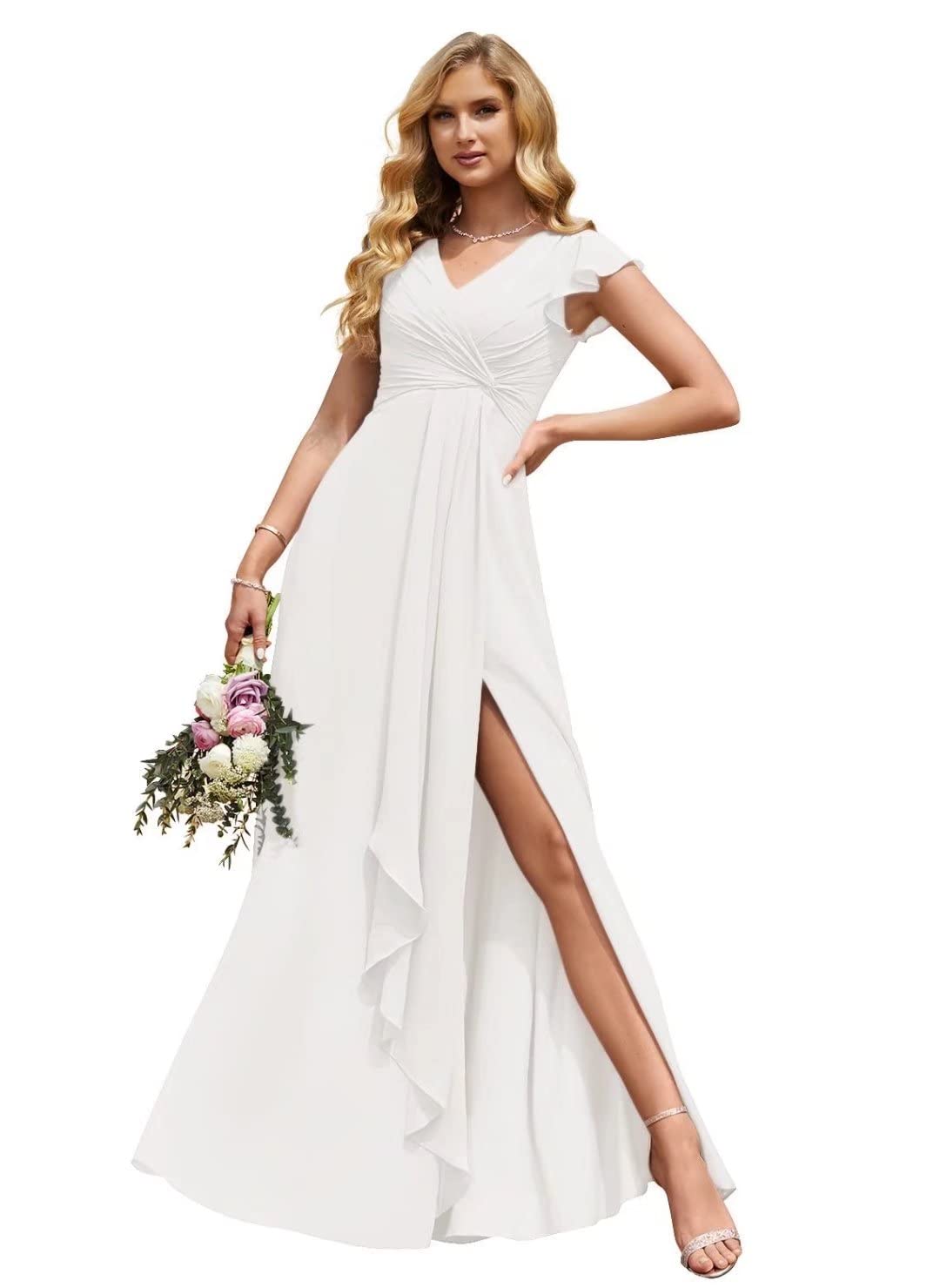 Verngo Women's Elegant V-Neck Chiffon Bridesmaid Dress - Long Formal Gown with Slit, Ruffled Cap Sleeves & Empire Waist | Perfect for Weddings, Proms, Evening Parties & Special Occasions