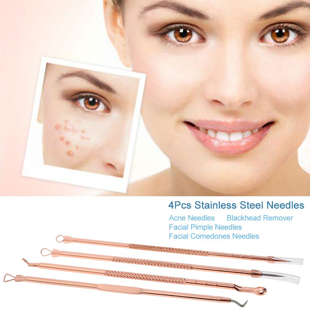 4Pcs Stainless Steel Acne Needle Set - Double-Ended Pimple & Blackhead Remover Tool for Facial Cleaning | Professional Comedone Extractor Kit for Skin Care & Blemish Treatment at Home or Salon Use