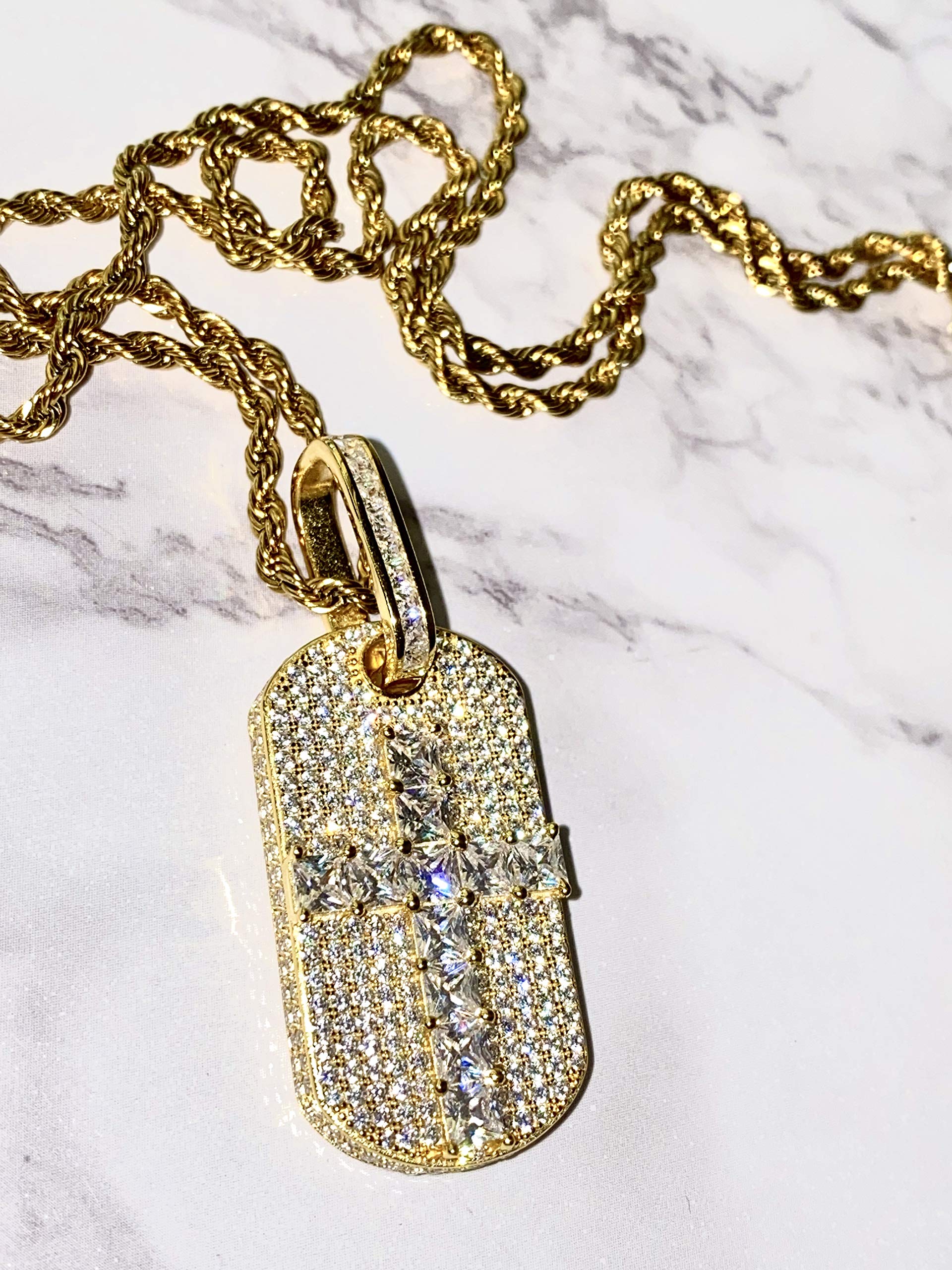 925 Sterling Silver Iced Out Baguette Cross Dog Tag Pendant with 2mm Stainless Steel Rope Chain Necklace (16